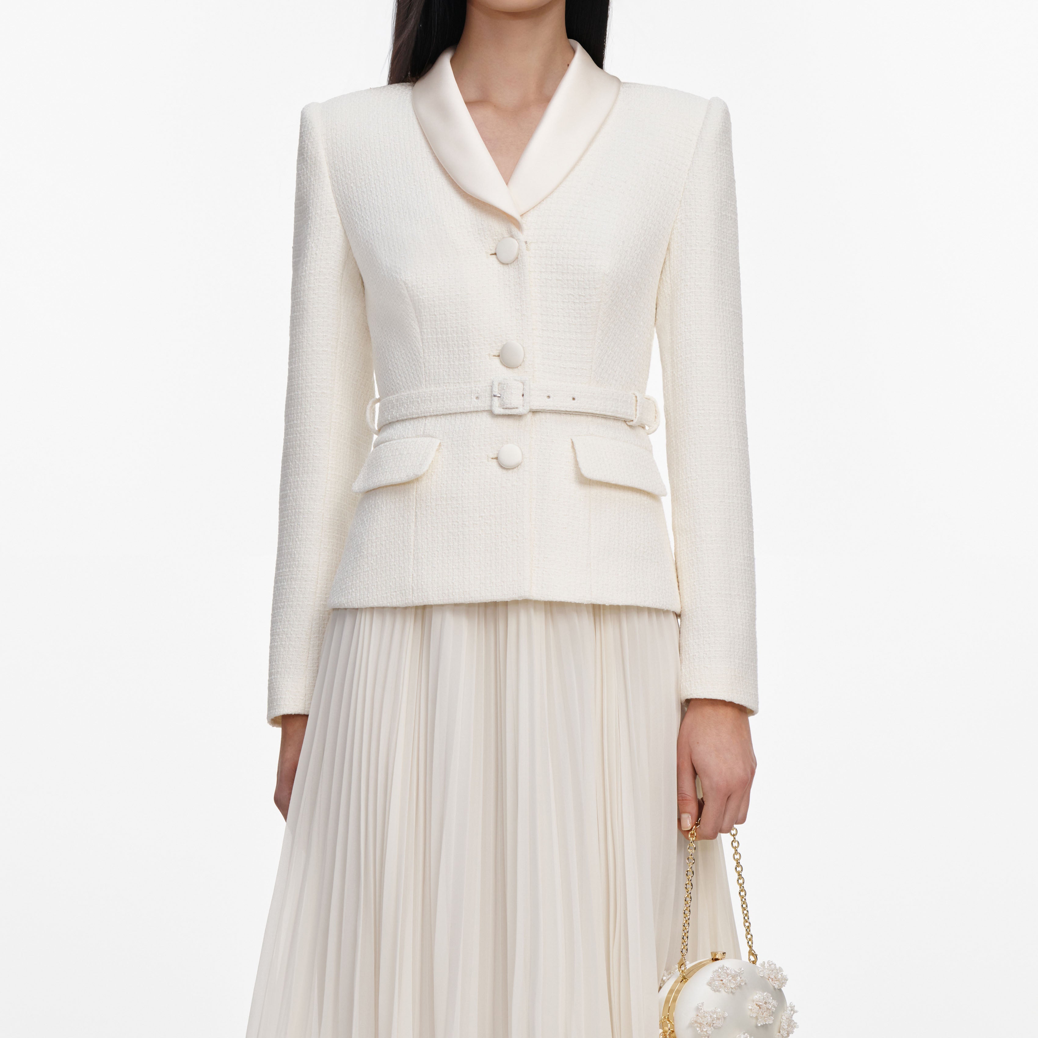 スカート eaphi BOUCLE SUKASHI SHAWL ivory Cream Boucle Shawl Collared Midi Dress – self-portrait-US