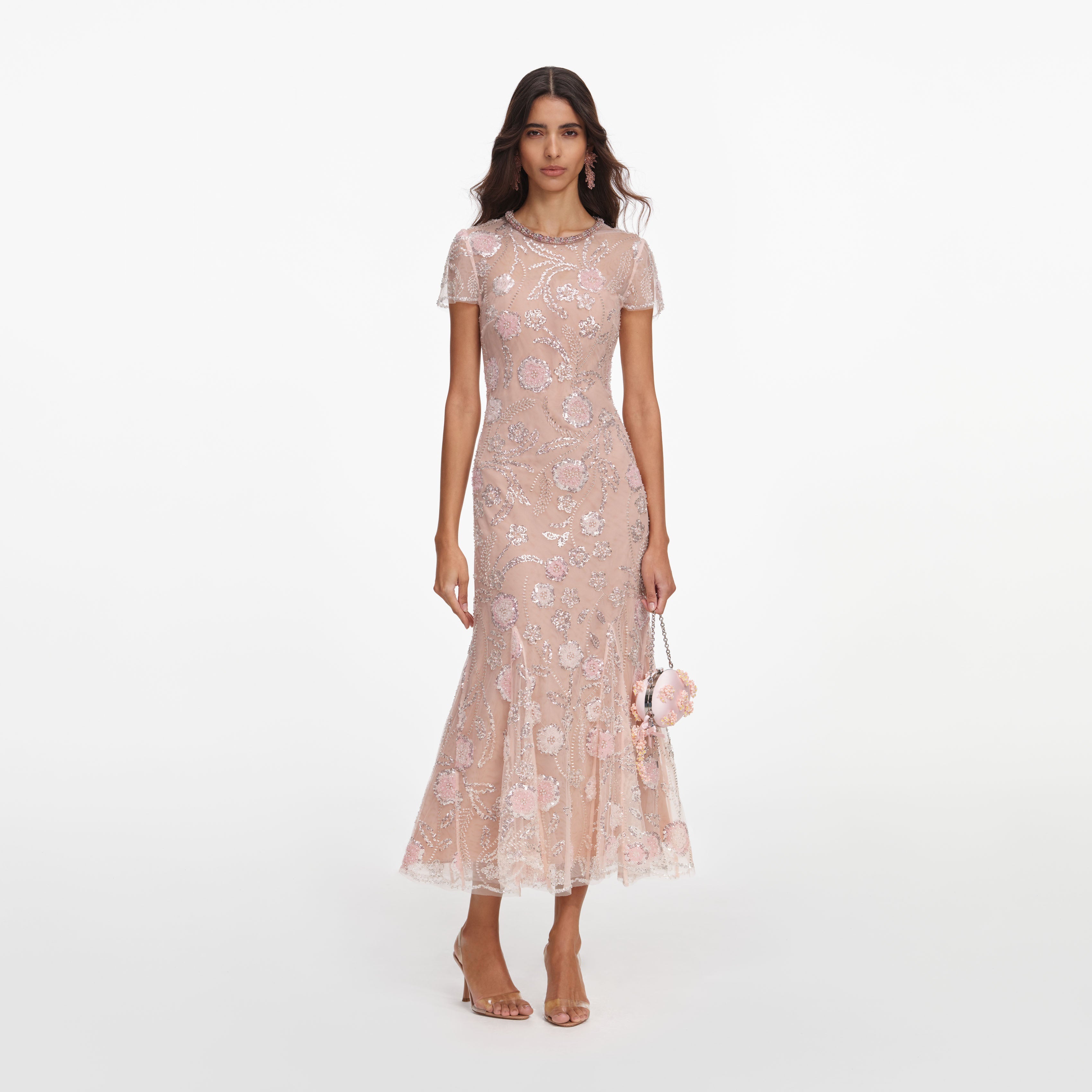 Pink Flower Sequin Embellished Midi Dress