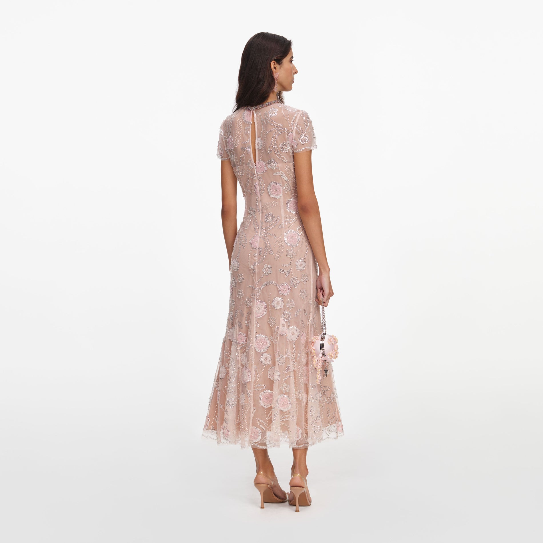 Back view of a woman wearing the Pink Flower Sequin Embellished Midi Dress
