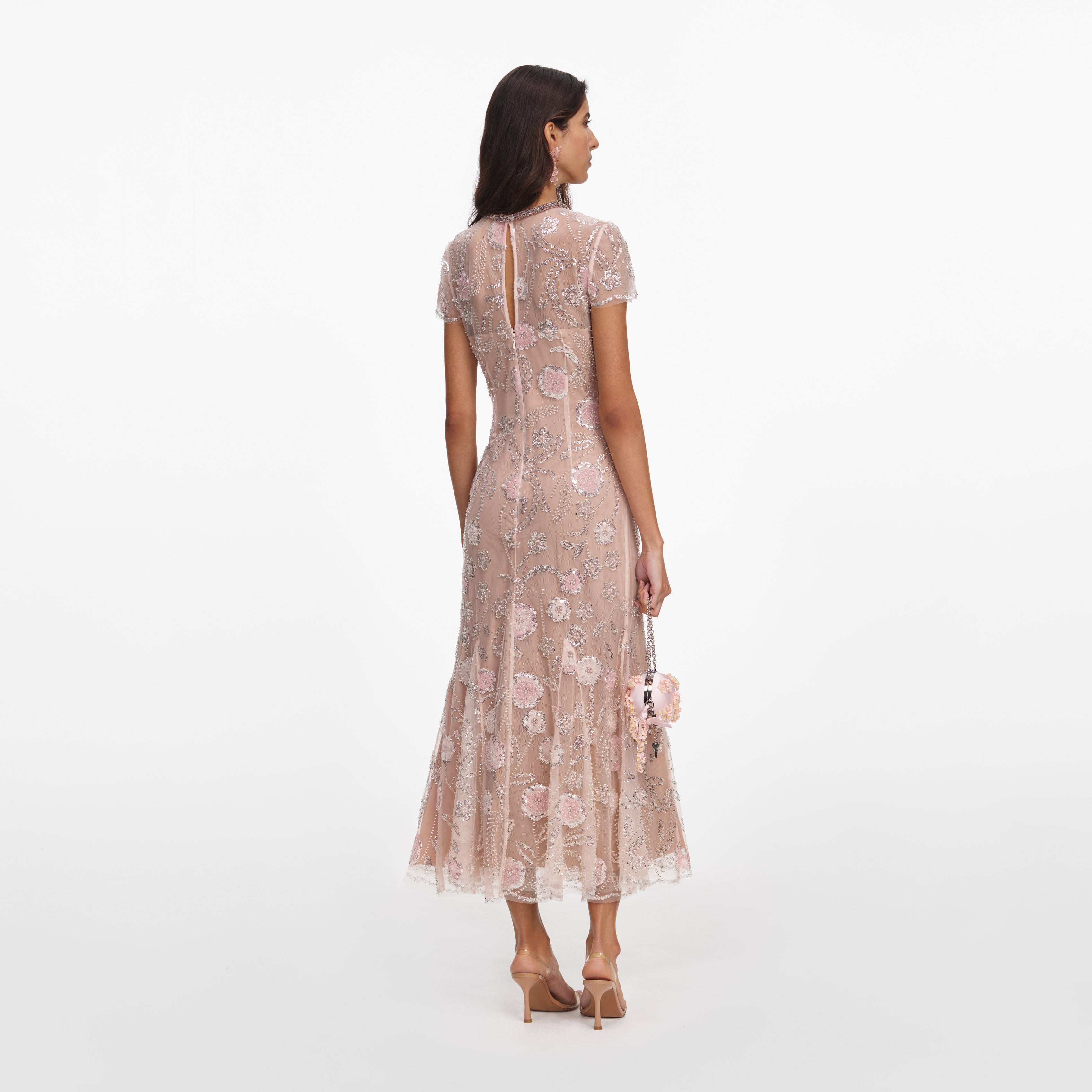 embellished midi dress Pink Flower Sequin Embellished Midi Dress – self-portrait-US