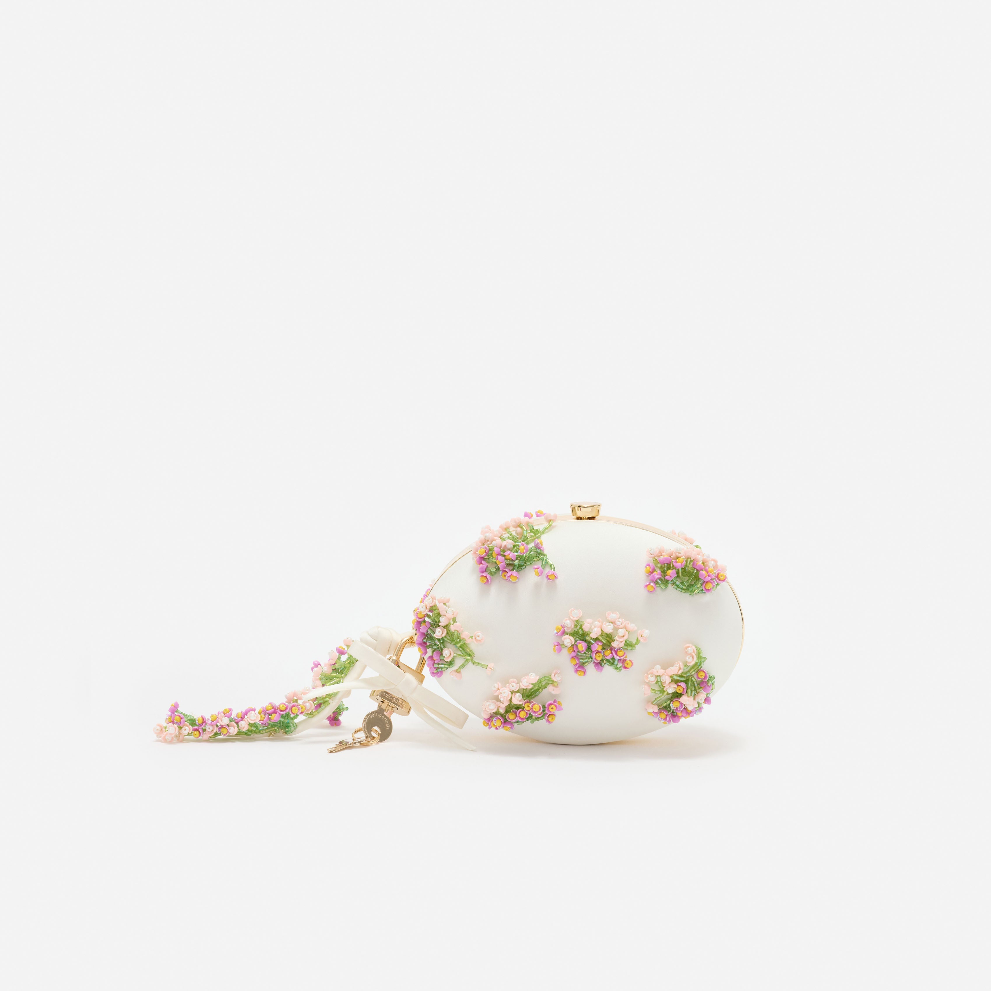 Cream Satin Pink Floral Beaded Oval Clutch