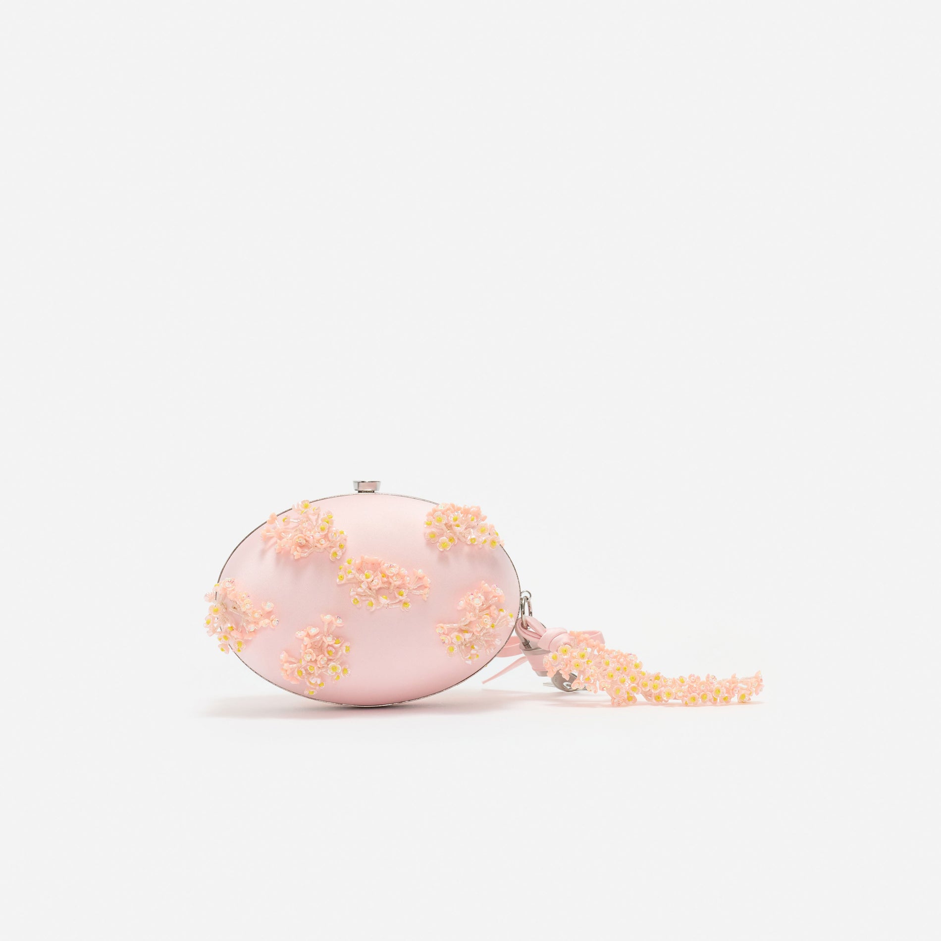 Pink Satin Floral Beaded Oval Clutch