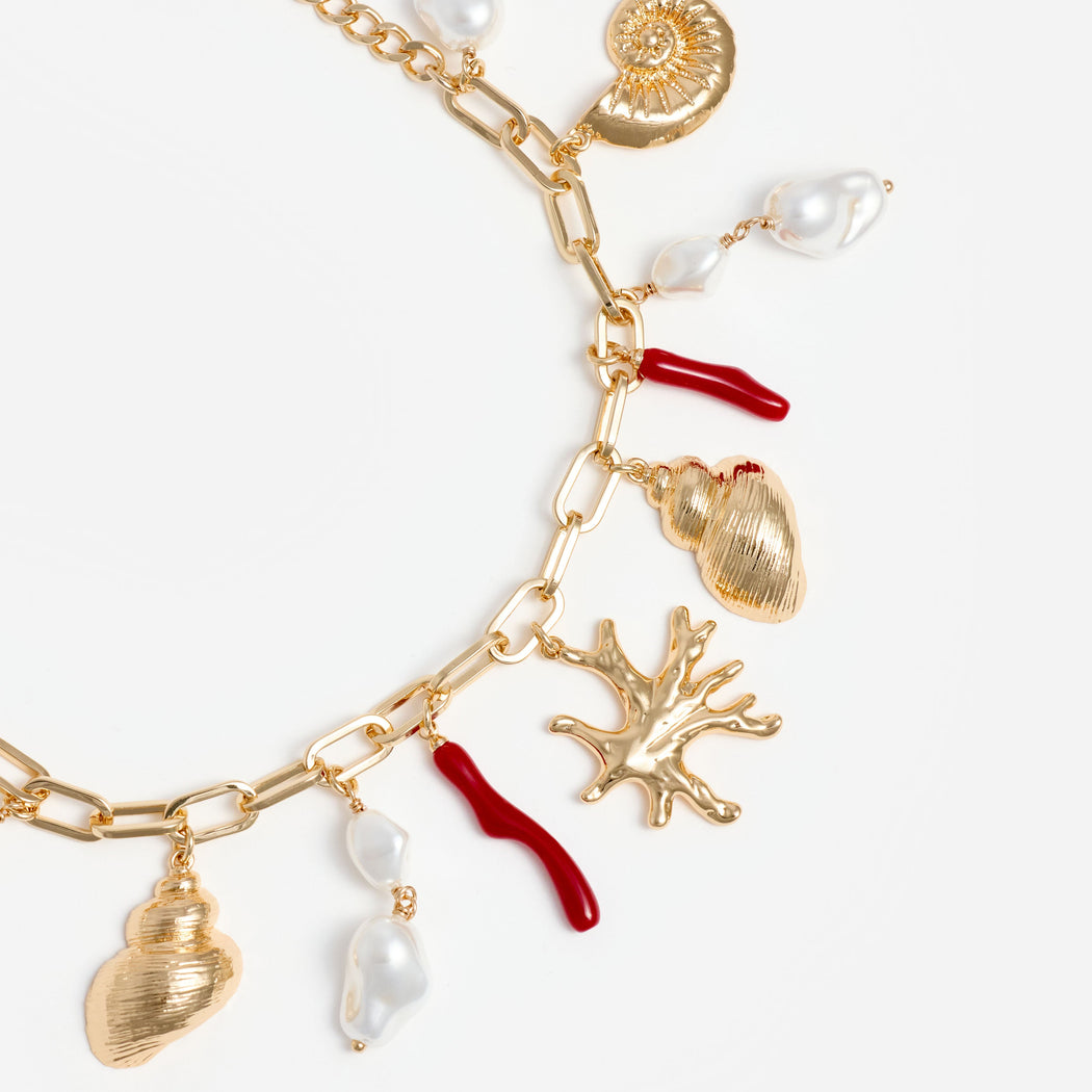Gold Coral Pearl Charm Bracelet