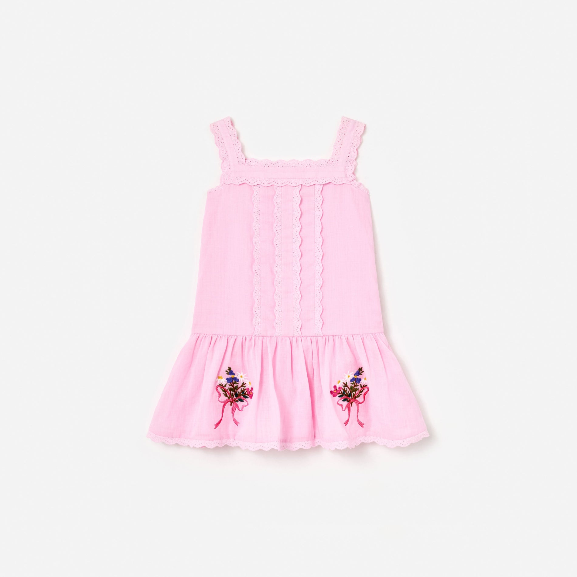 Pink Ramie Flower Embroidered Dress