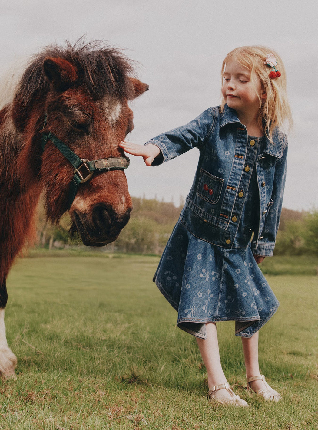 Denim Cherry Bow Printed Jacket