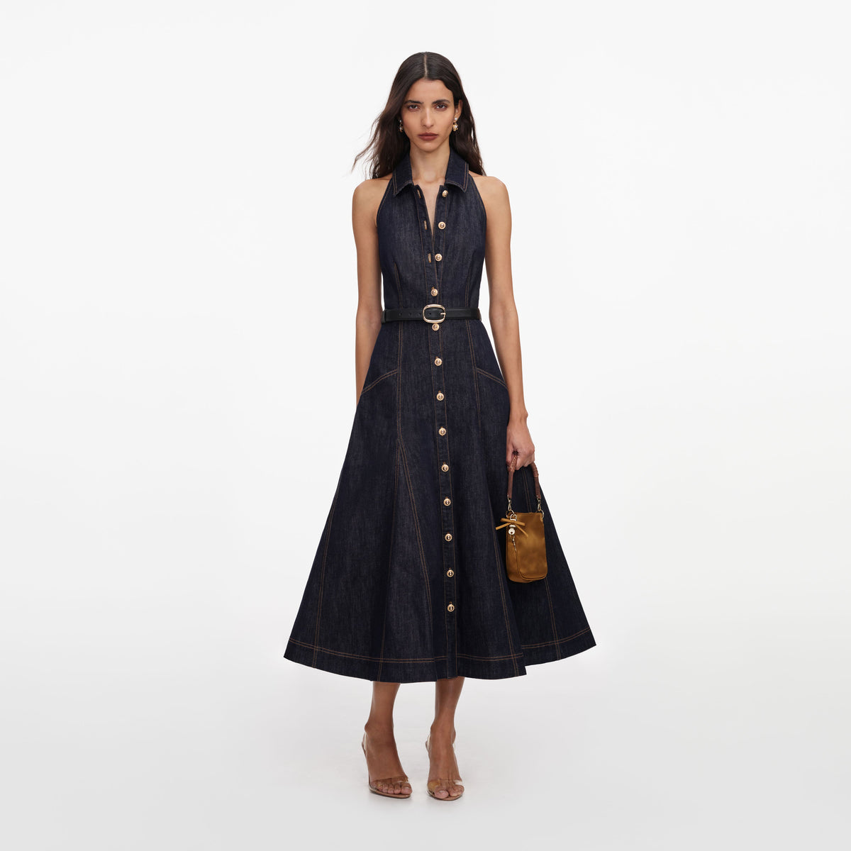 self-portrait - Indigo Denim Halterneck Midi Dress