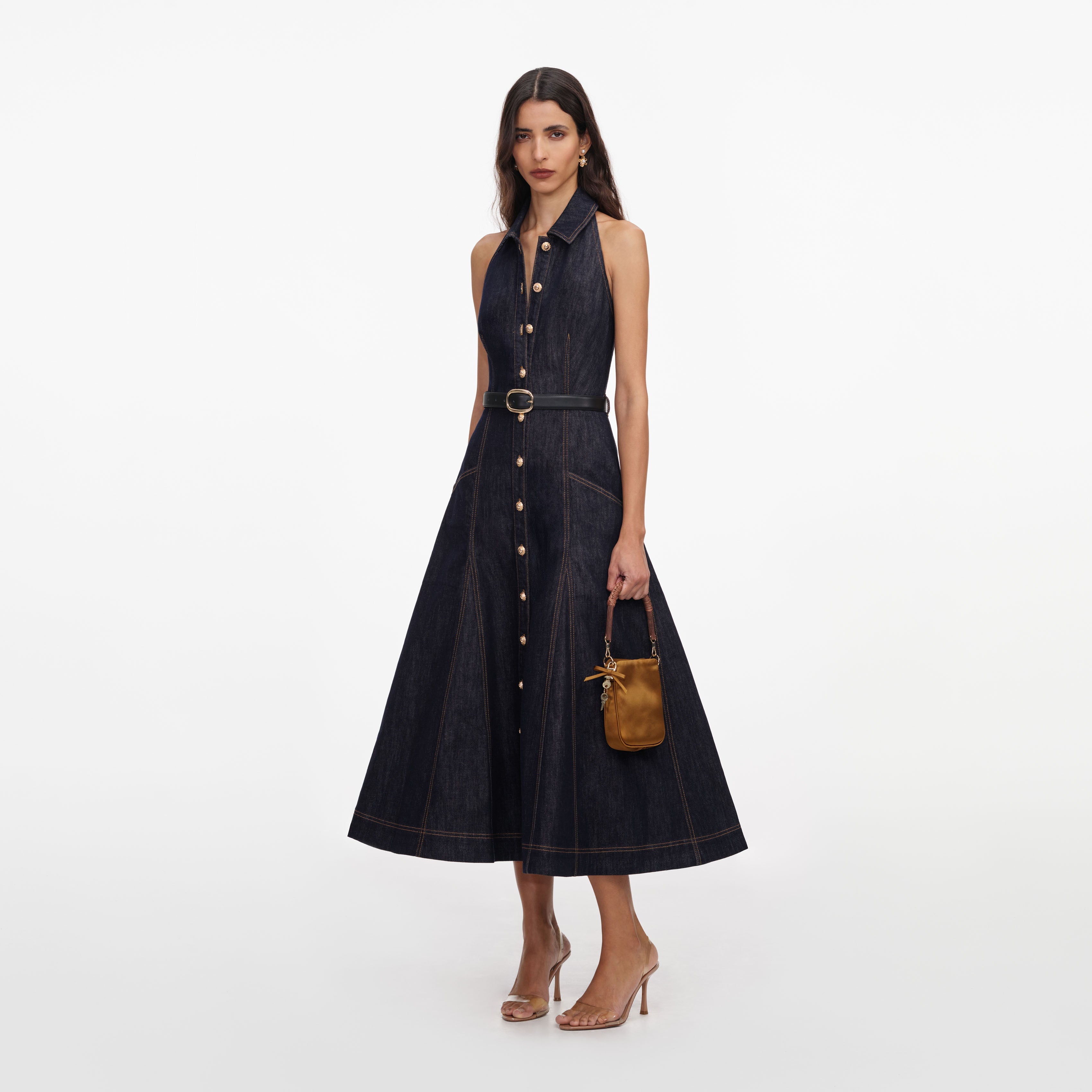 Indigo Denim Halterneck Midi Dress – self-portrait-US Indigo Denim Halterneck Midi Dress – self-portrait-US