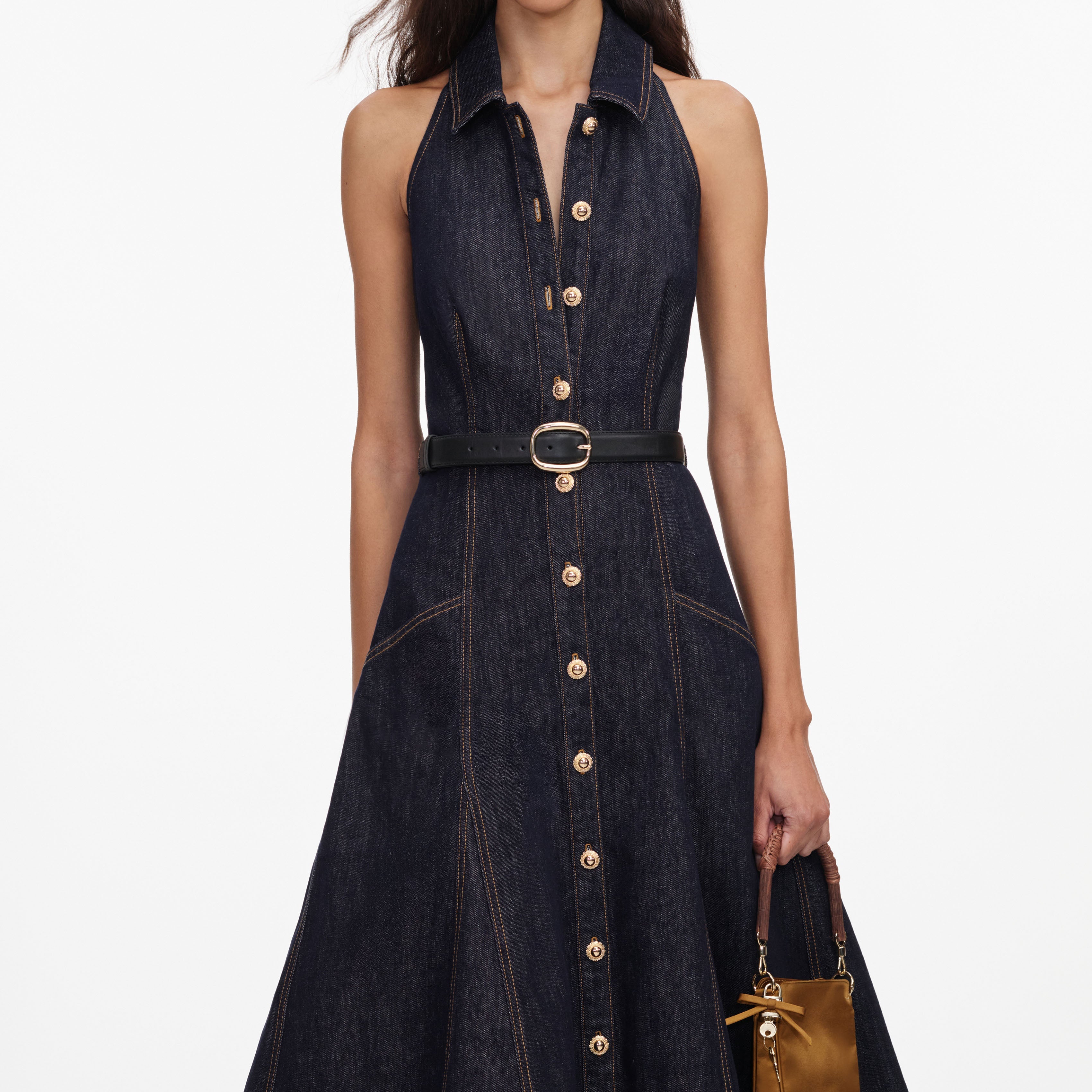 midi denim dress women Indigo Denim Halterneck Midi Dress – self-portrait-US