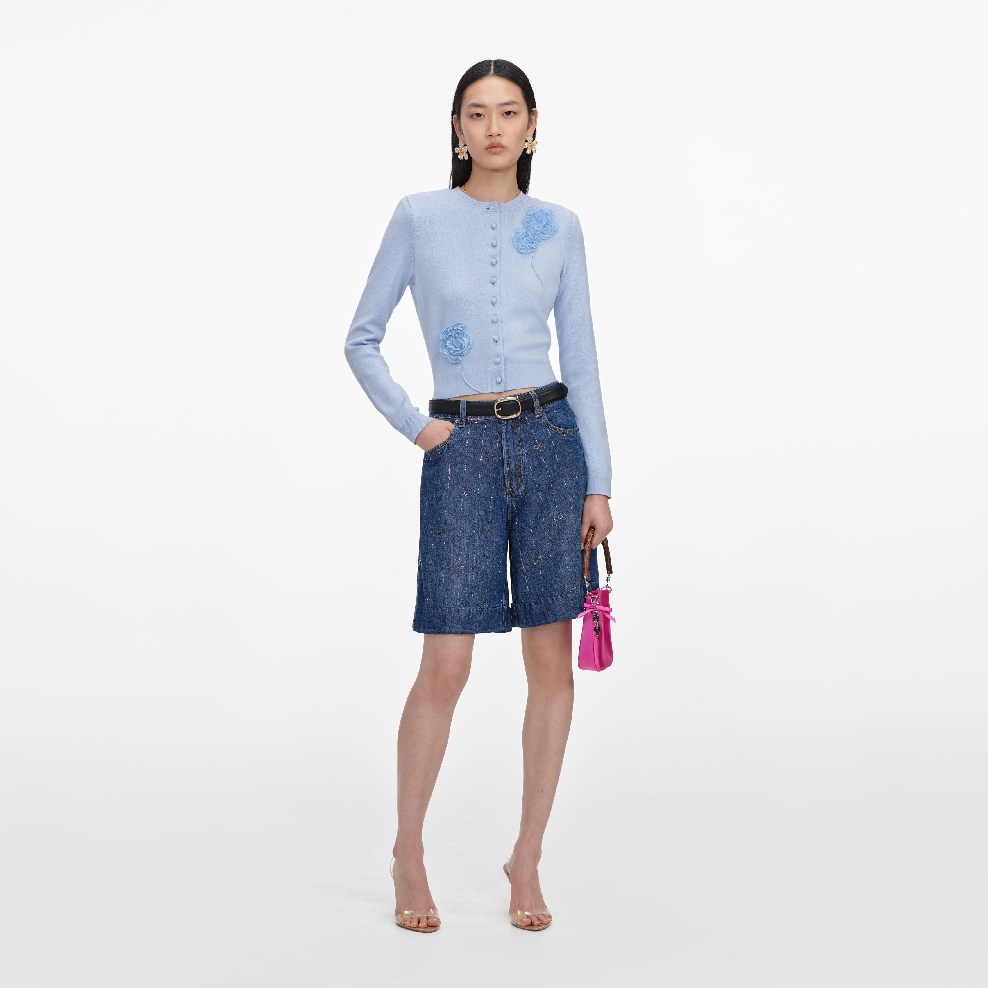 self-portrait デニムショートパンツ フリル Rhinestone Stripe Denim Shorts – self-portrait-US