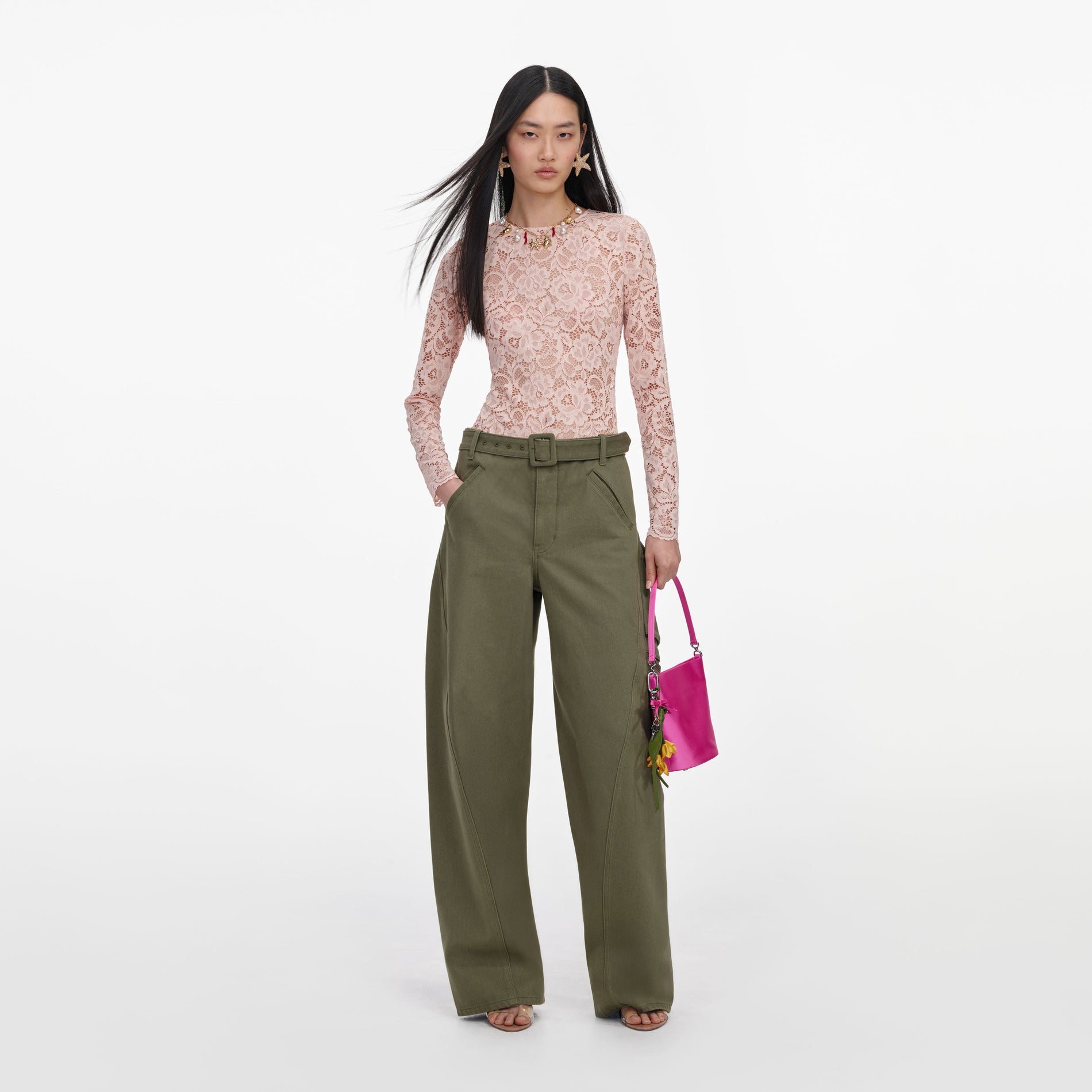 Front view of a woman wearing the Khaki Cargo Jeans