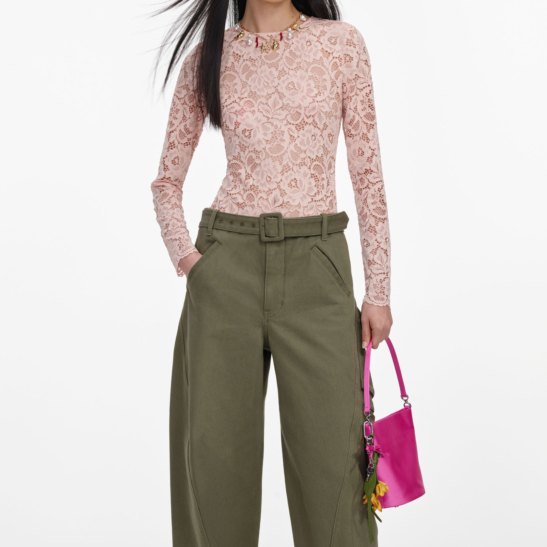 A close up of a woman wearing the Khaki Cargo Jeans