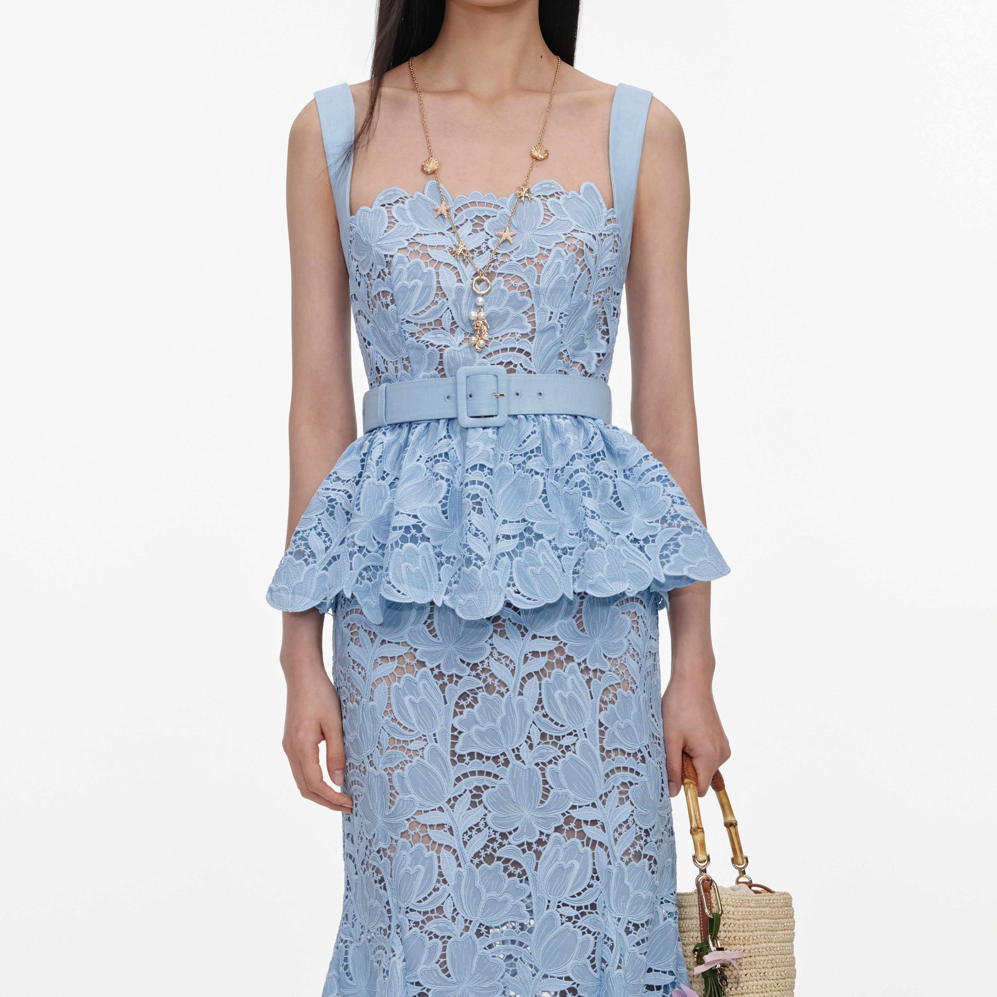Blue Lace Peplum Midi Dress