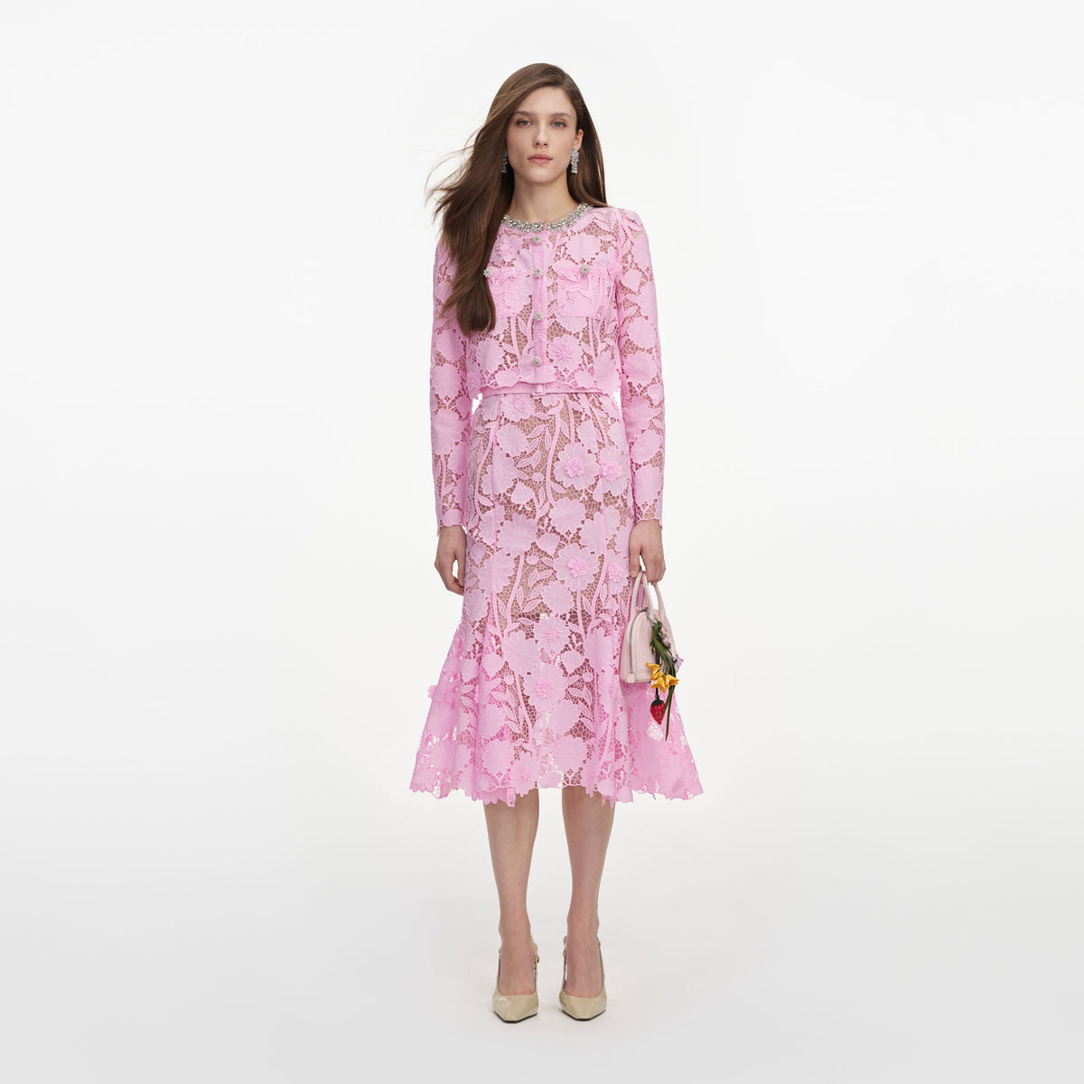 Pink Lace Crystal Embellished Midi Dress – self-portrait-US
