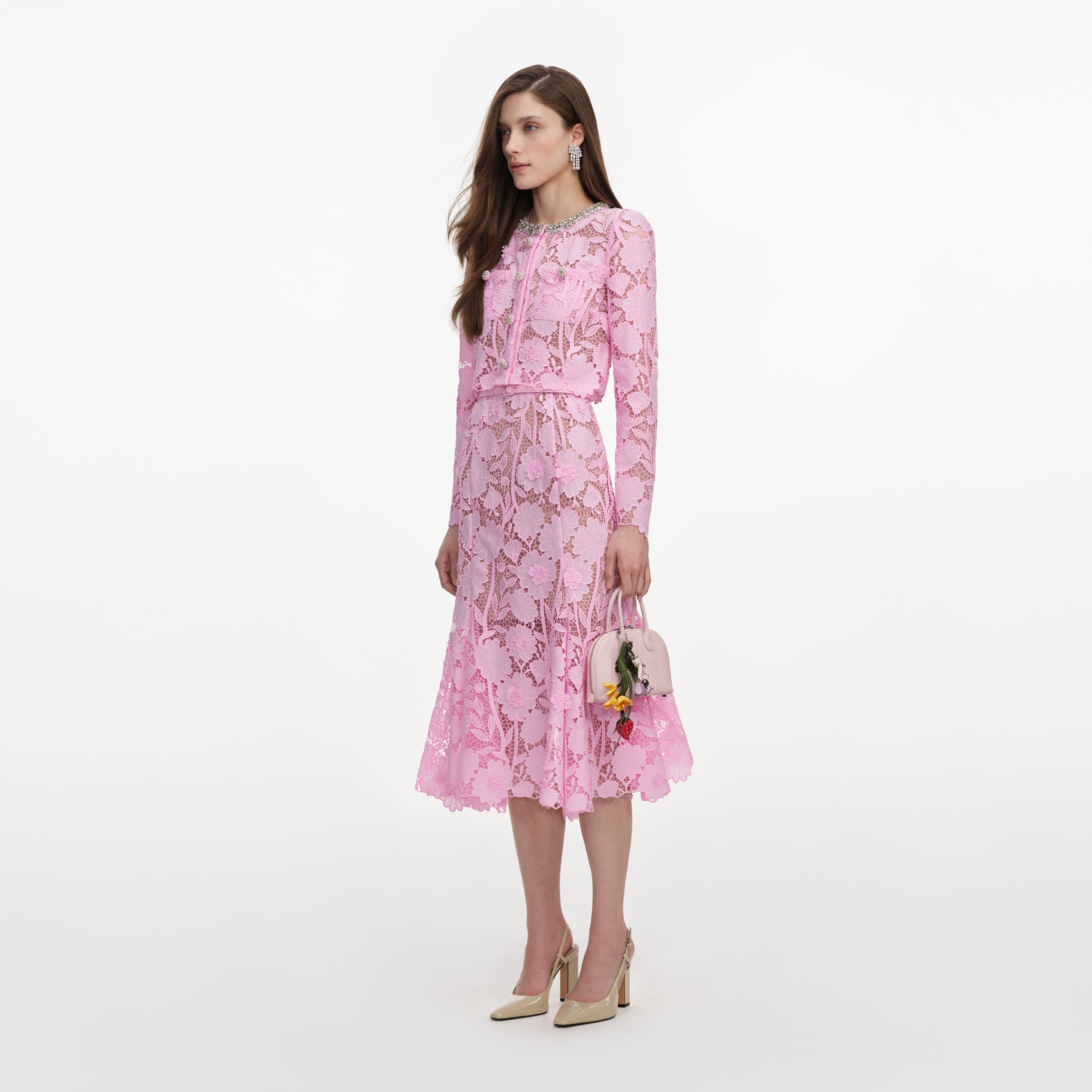 Pink Lace Crystal Embellished Midi Dress – self-portrait-US