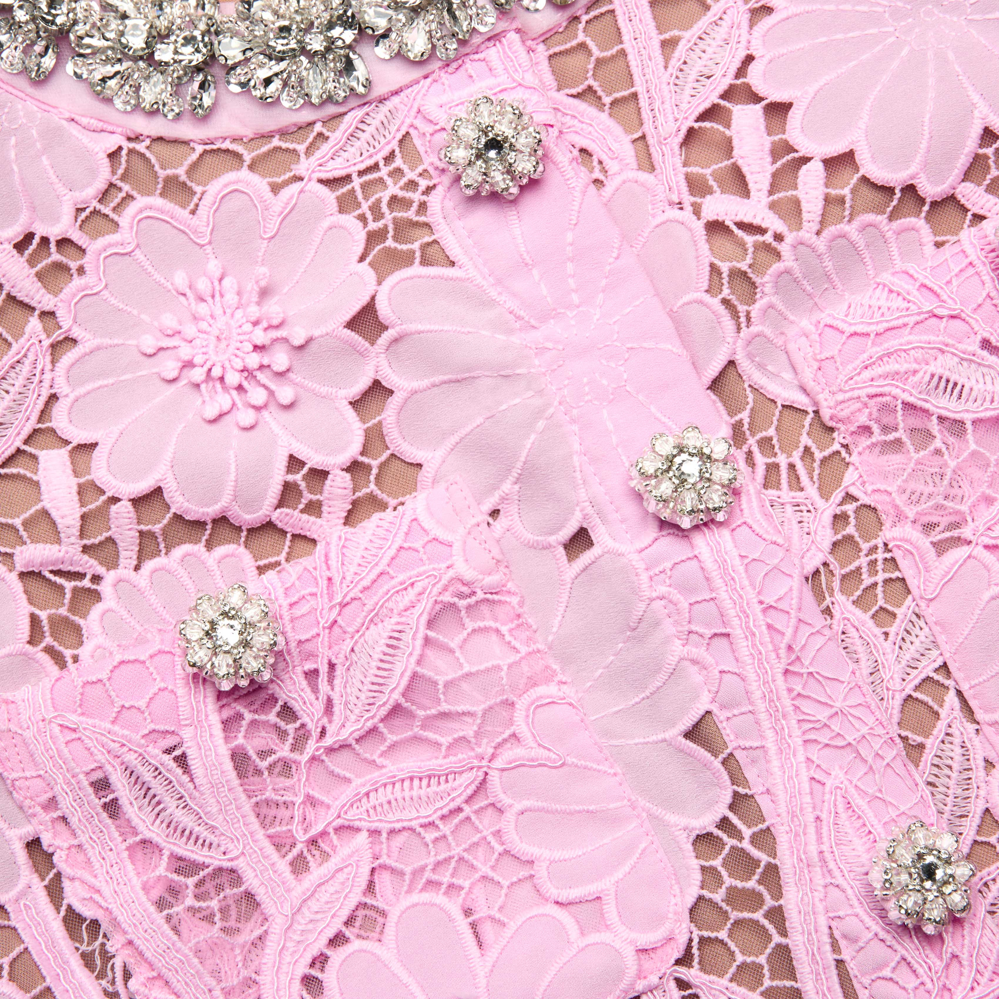 Pink Lace Crystal Embellished Midi Dress