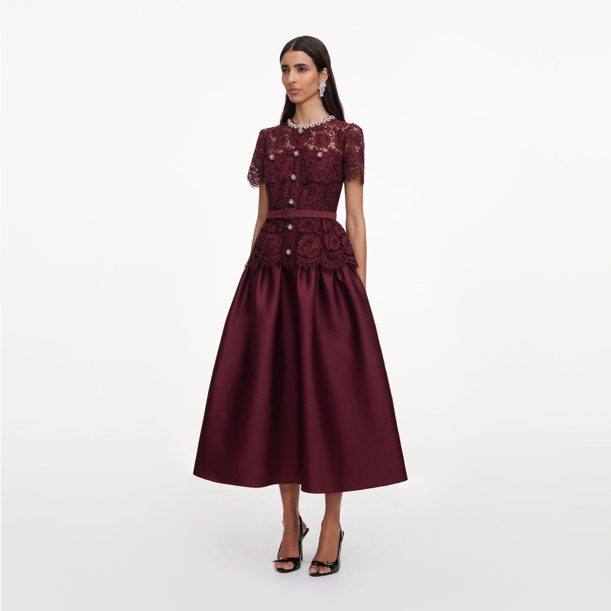 self-portrait - Burgundy Lace Taffeta Midi Dress