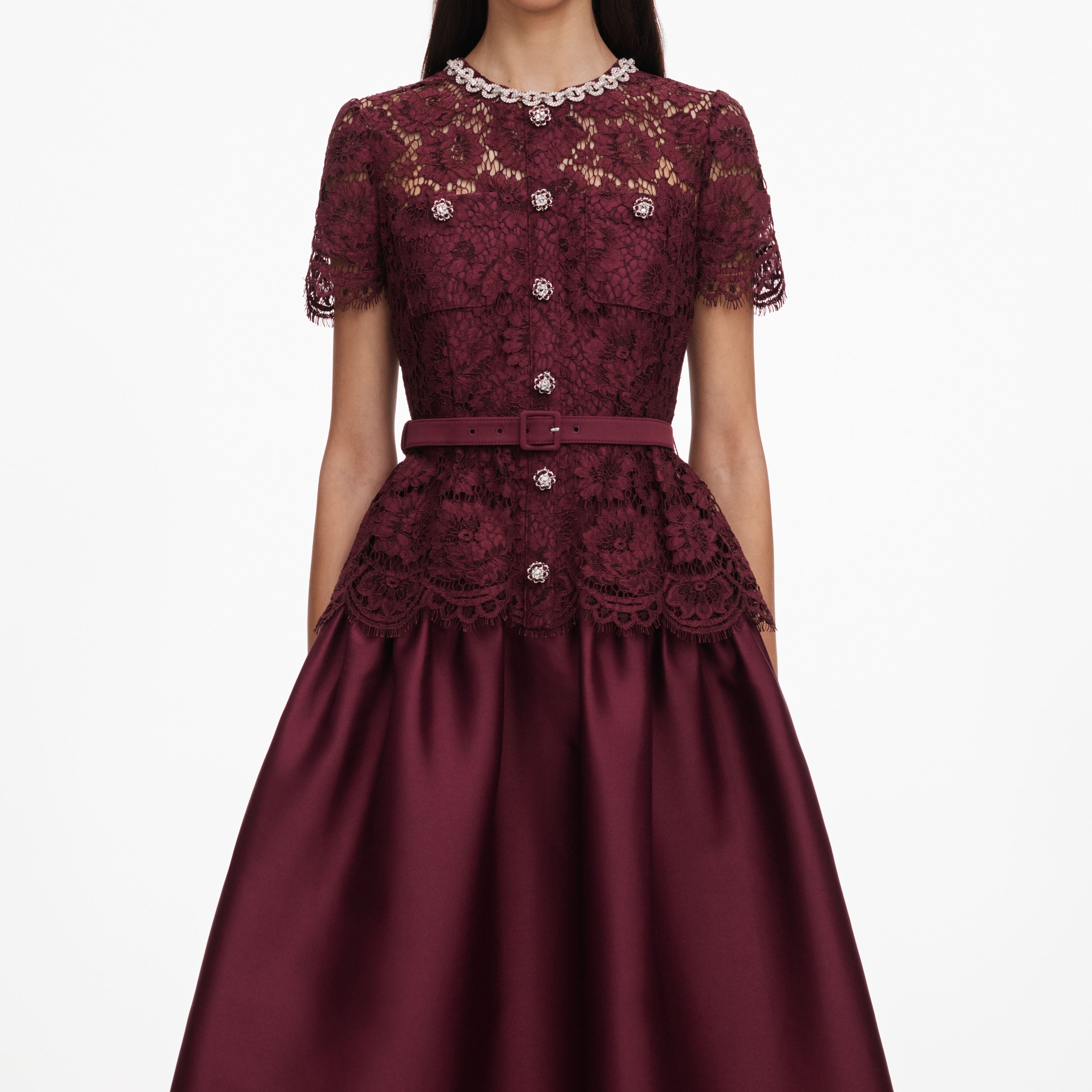Burgundy Lace Taffeta Midi Dress – self-portrait-US