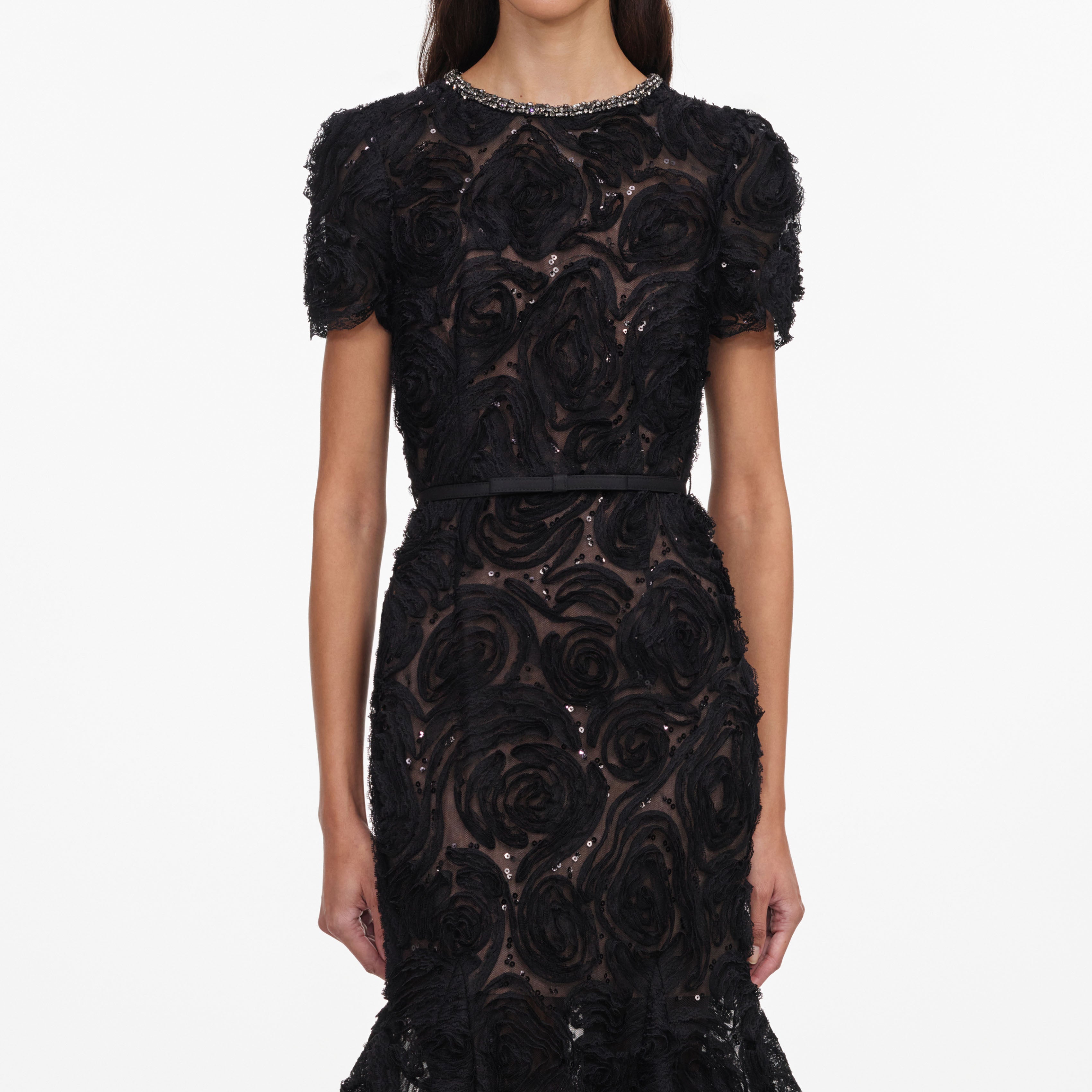 self-portrait - Black Tulle Lace Sequin Midi Dress - US 8 self-portrait - Black Tulle Lace Sequin Midi Dress - US 8