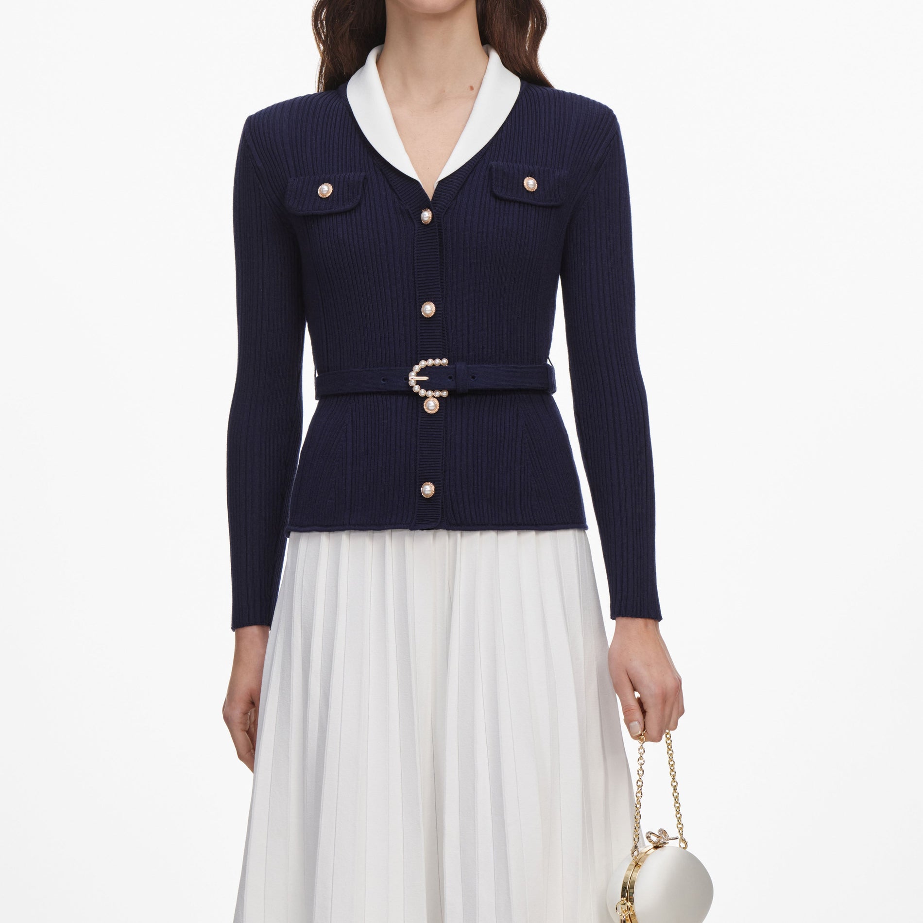 A close up of a woman wearing the Navy Ribbed Knit Contrast Midi Dress