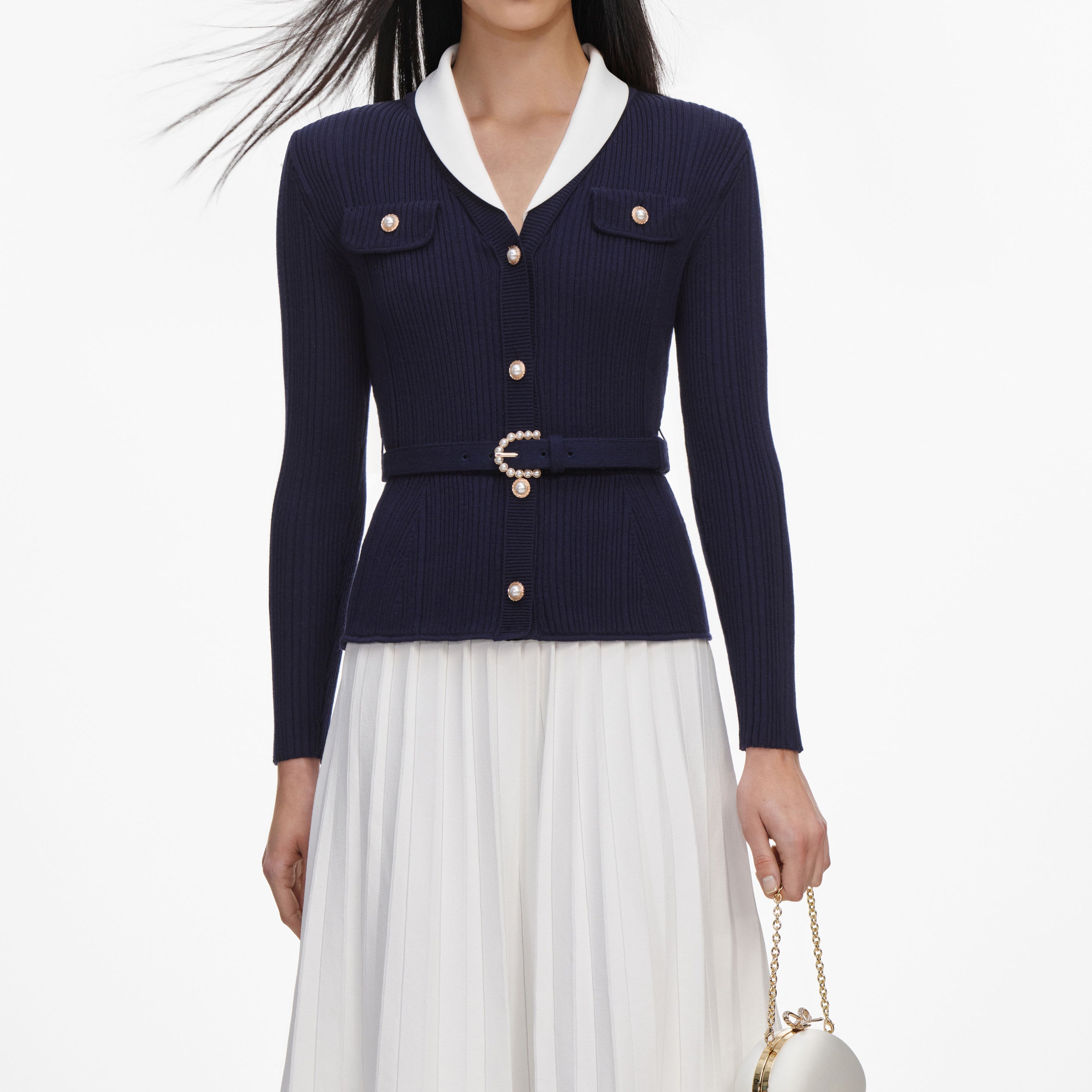 Navy Ribbed Knit Contrast Midi Dress – self-portrait-US