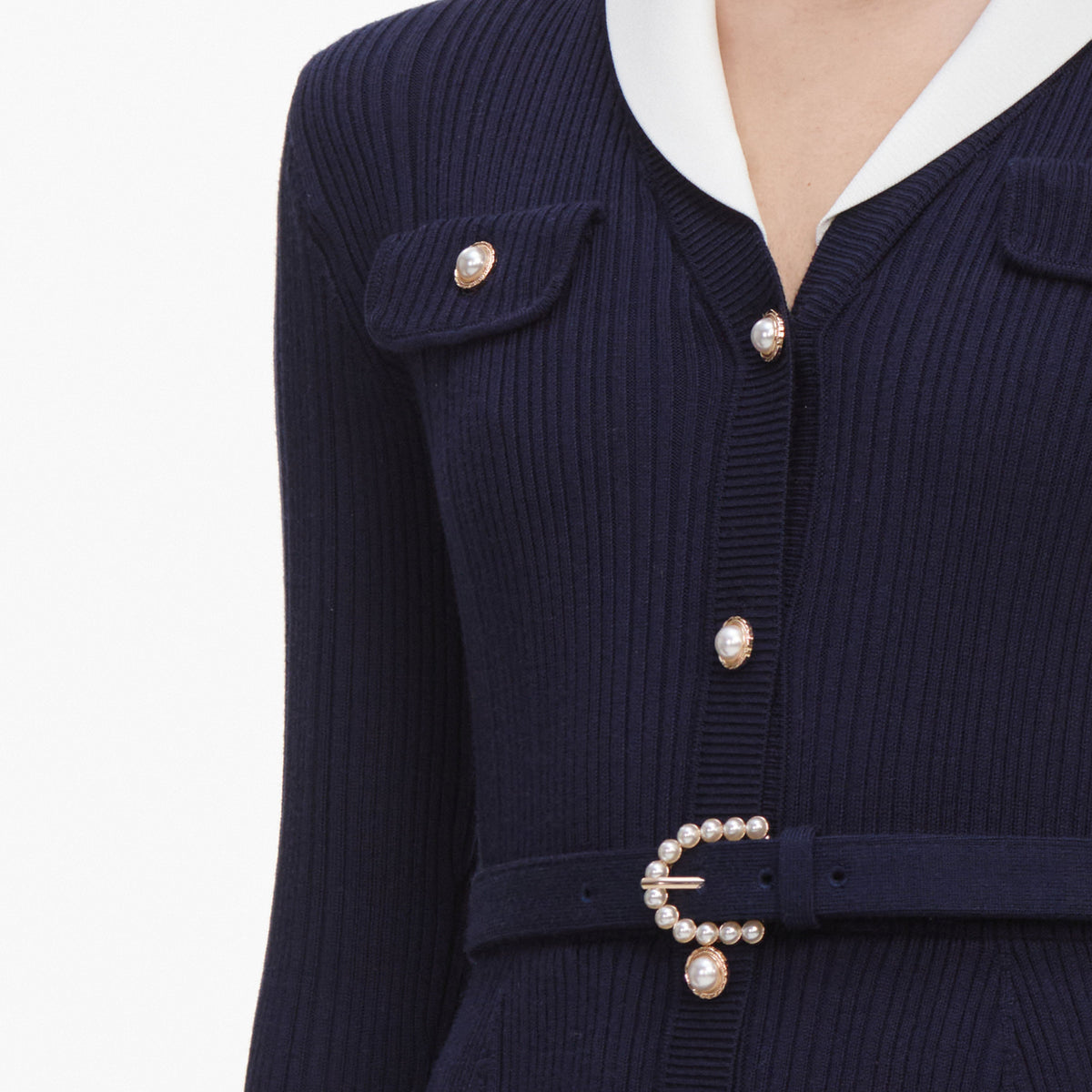self-portrait - Navy Ribbed Knit Contrast Midi Dress - XS self-portrait - Navy Ribbed Knit Contrast Midi Dress - XS