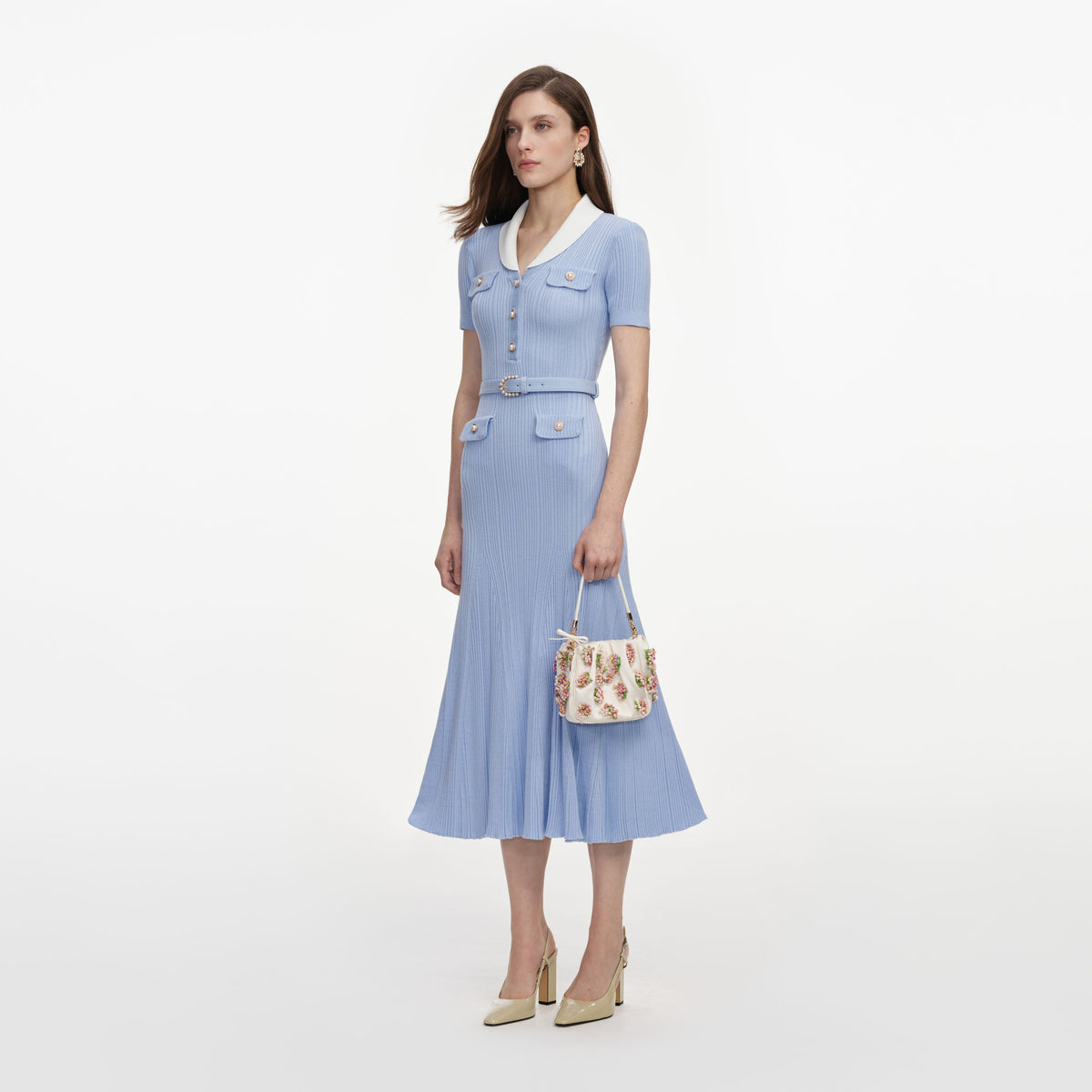 self-portrait - Blue Ribbed Knit Midi Dress