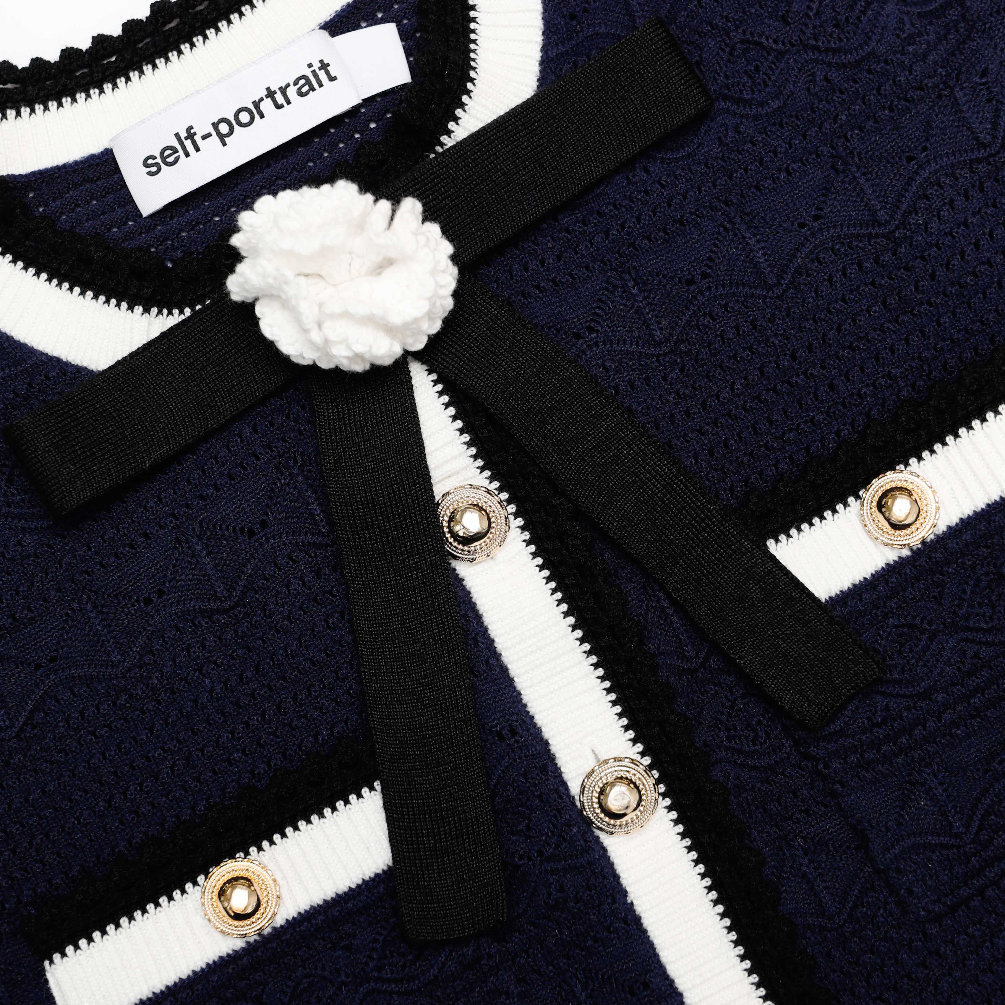 Navy Peplum Pointelle Knit Top – self-portrait-US