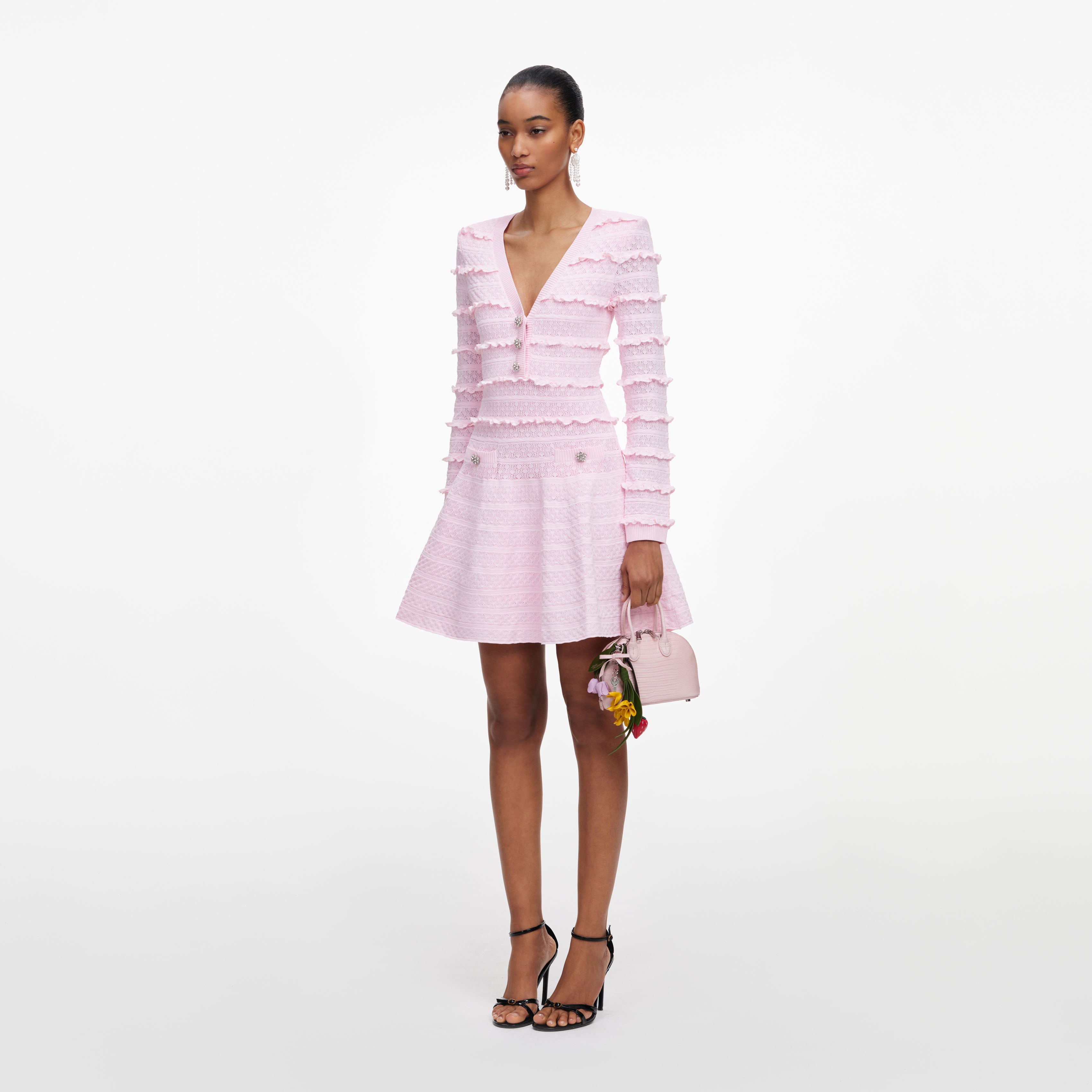 【PERVERZE】Pressed Knit Head Dress Pink Pearl Trim Knit Mini Dress – self-portrait-US