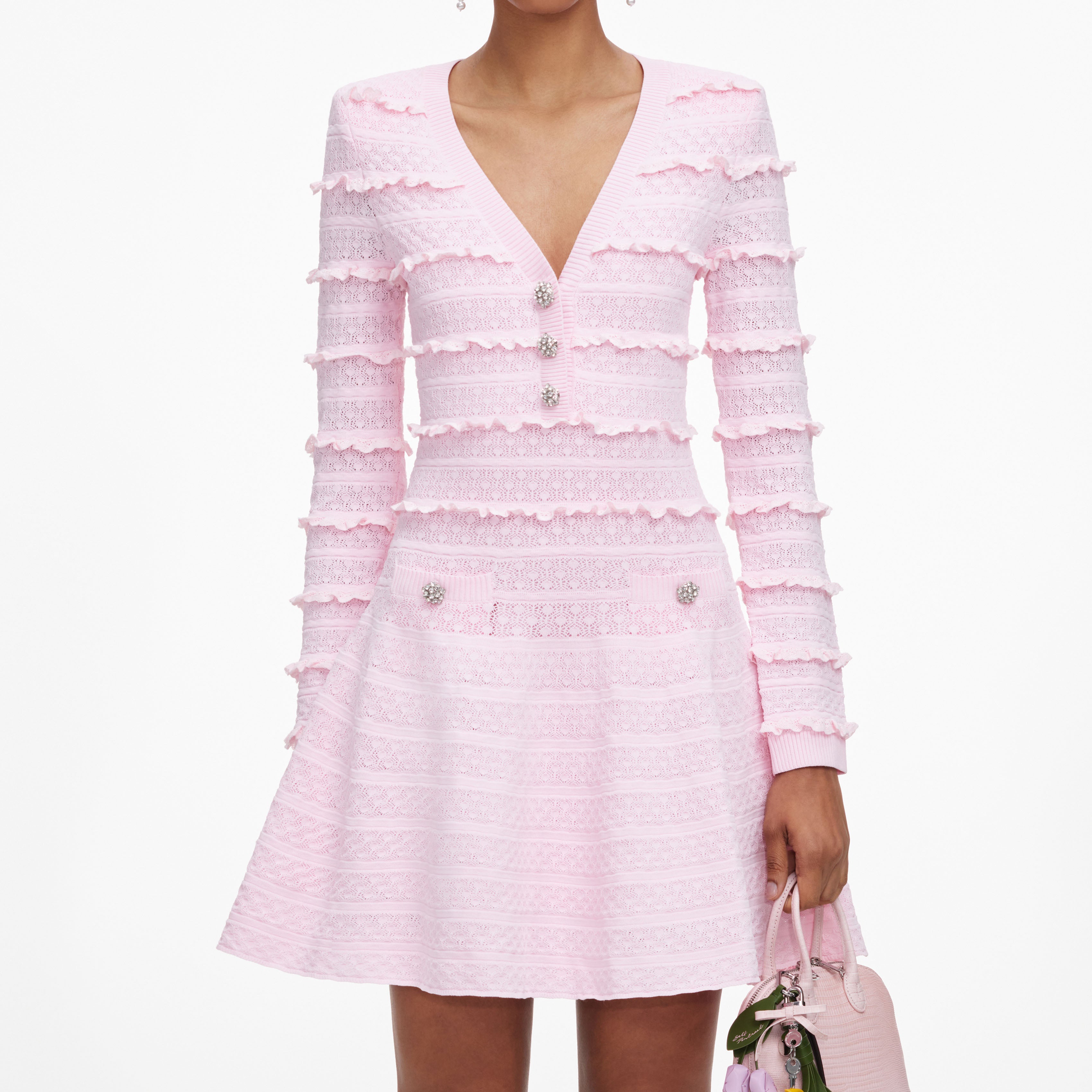 Pink Pointelle Diamante Knit Mini Dress – self-portrait-US
