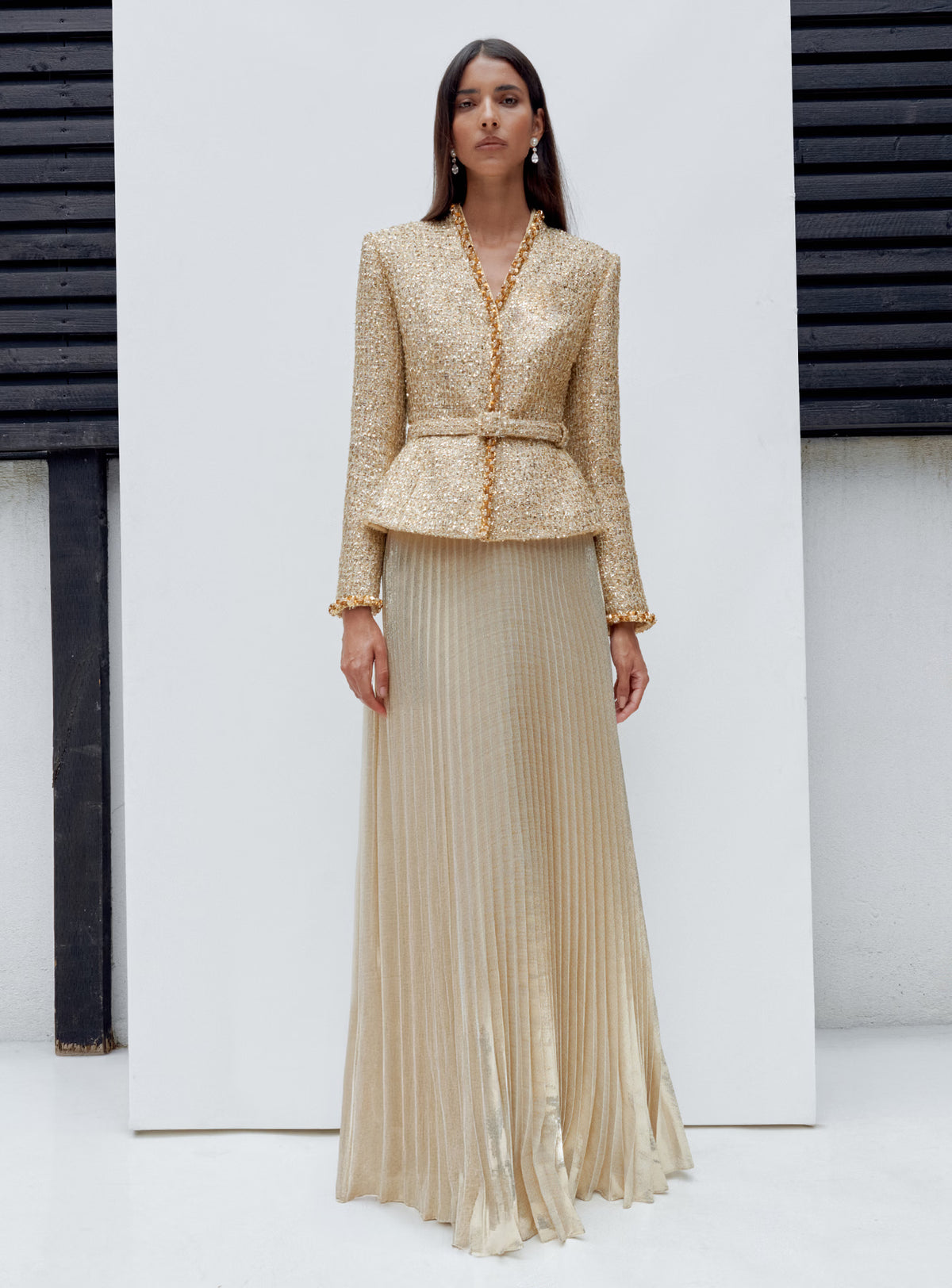 gold pleated maxi dress Boucle Category_Dresses/Shop by Style/Midi Dresses