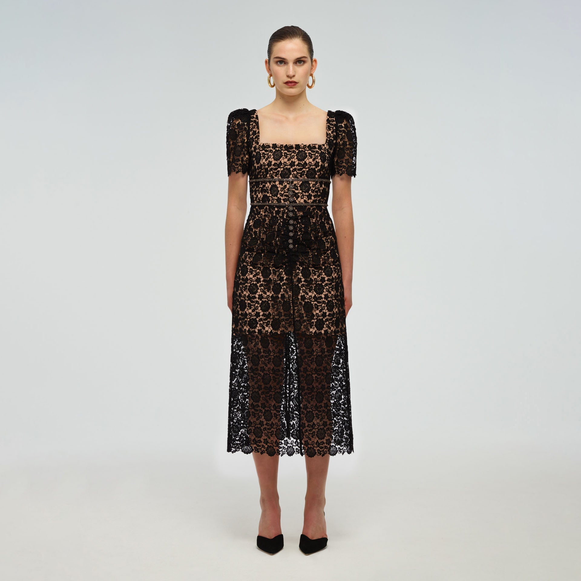 Black Guipure Lace Button Midi Dress – self-portrait-US