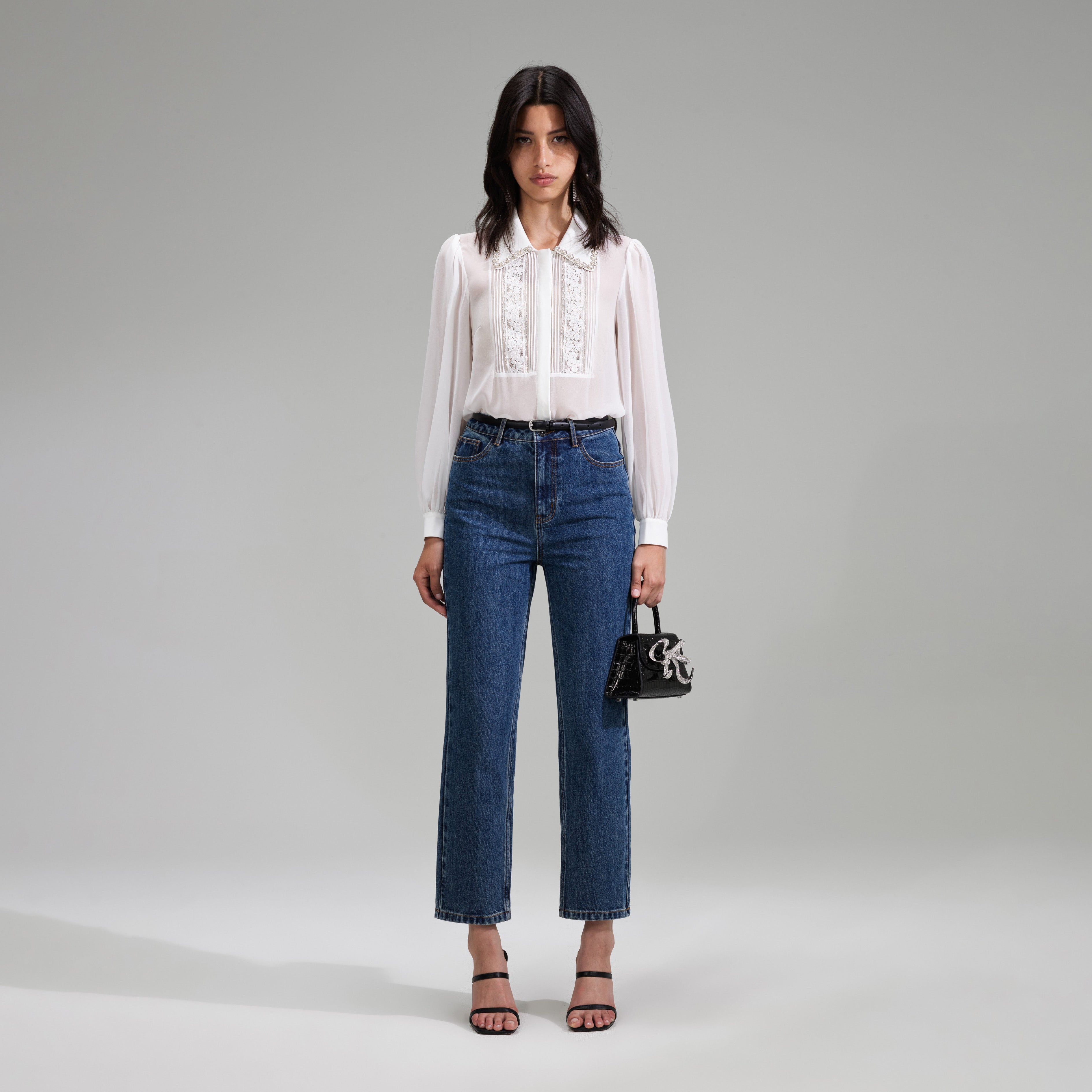 White Chiffon Rhinestone Detail Top