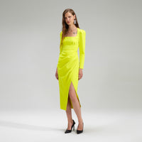 Lime Crepe Ruched Midi Dress