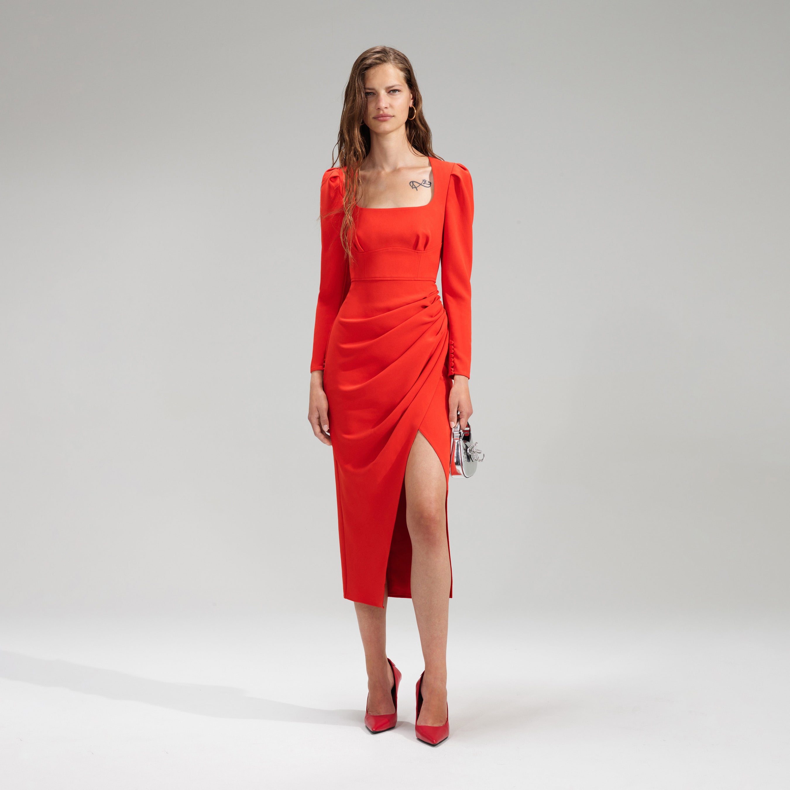 Red Crepe Ruched Midi Dress