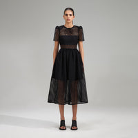 Black Grid Lace Midi Dress