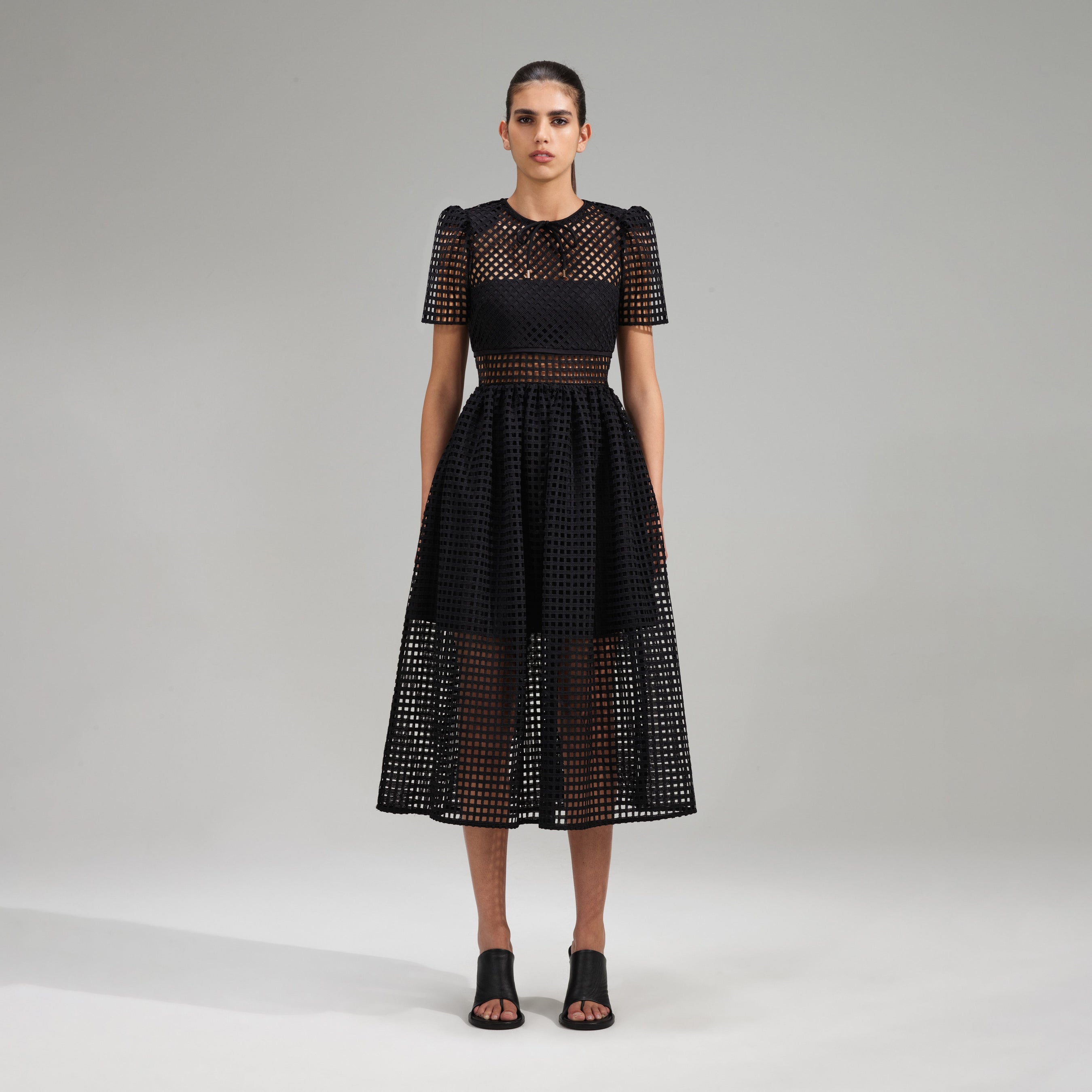 Black Grid Lace Midi Dress