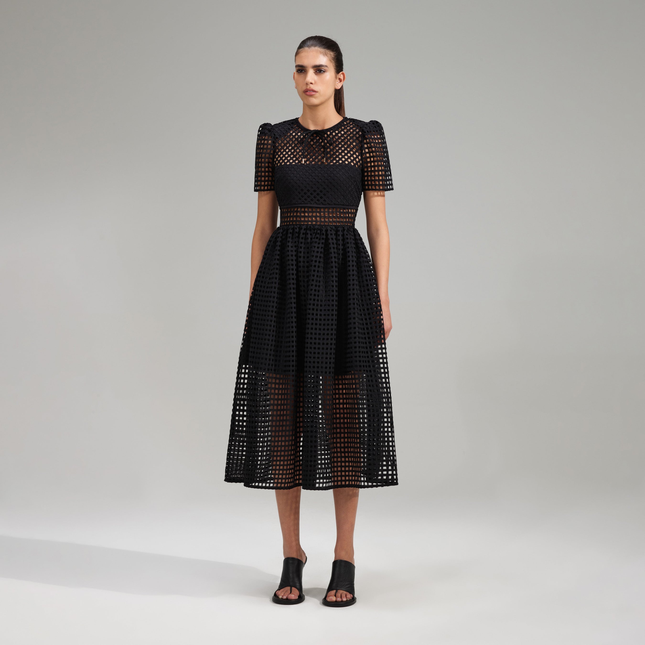 Black Grid Lace Midi Dress