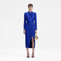 Blue Stretch Crepe Twisted Collar Midi Dress