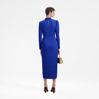 Blue Stretch Crepe Twisted Collar Midi Dress