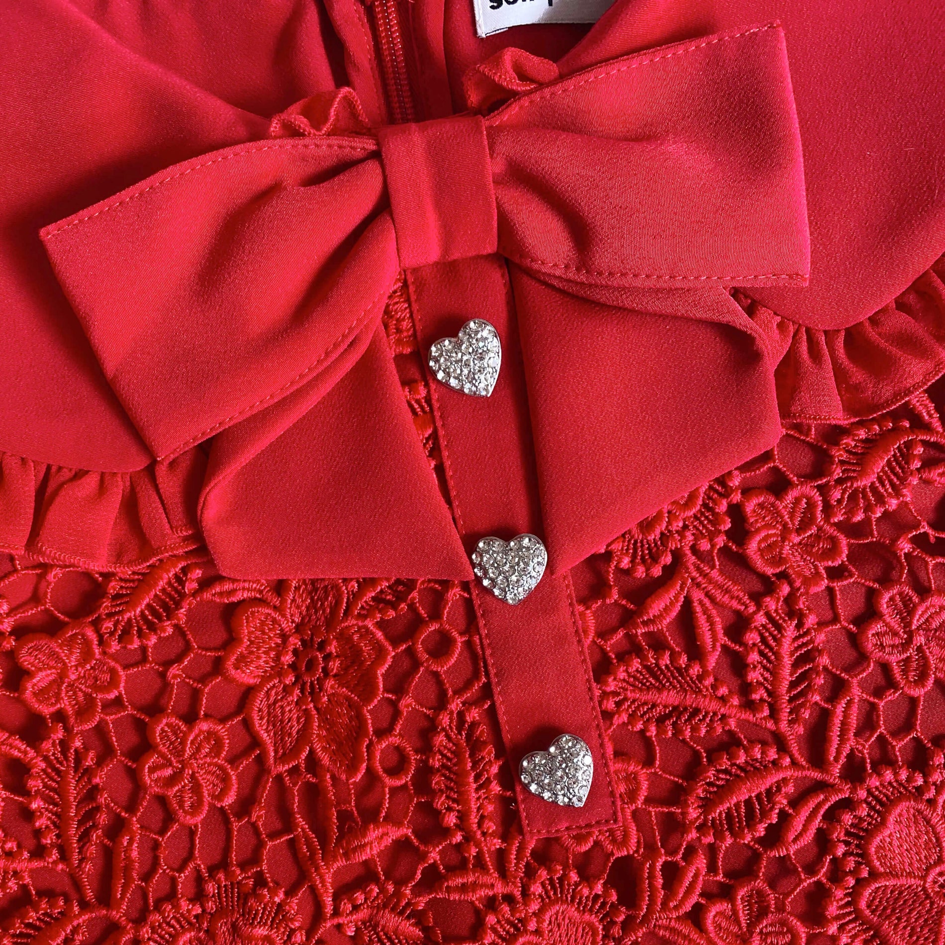 A close up of the fabric for the Red Guipure Lace Mini Dress