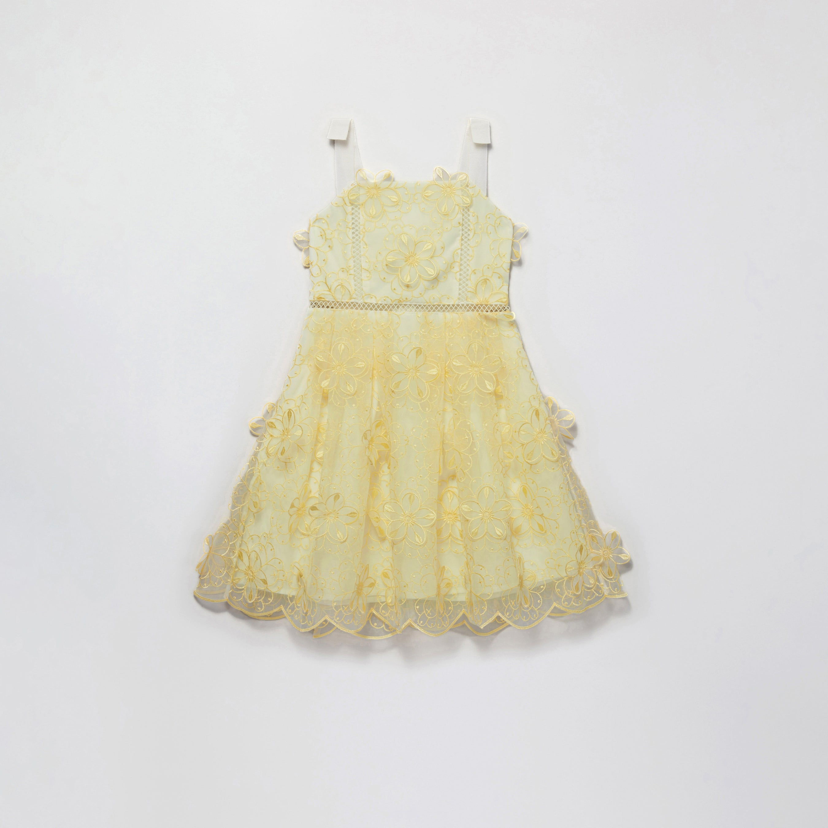 Yellow 3 D Organza Strappy Mini Dress