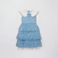 Blue Beaded Tiered Midi Dress