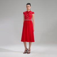 Red Lace Cotton Midi Dress