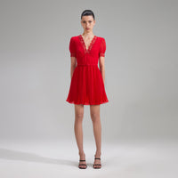 Red Chiffon V Neck Mini Dress