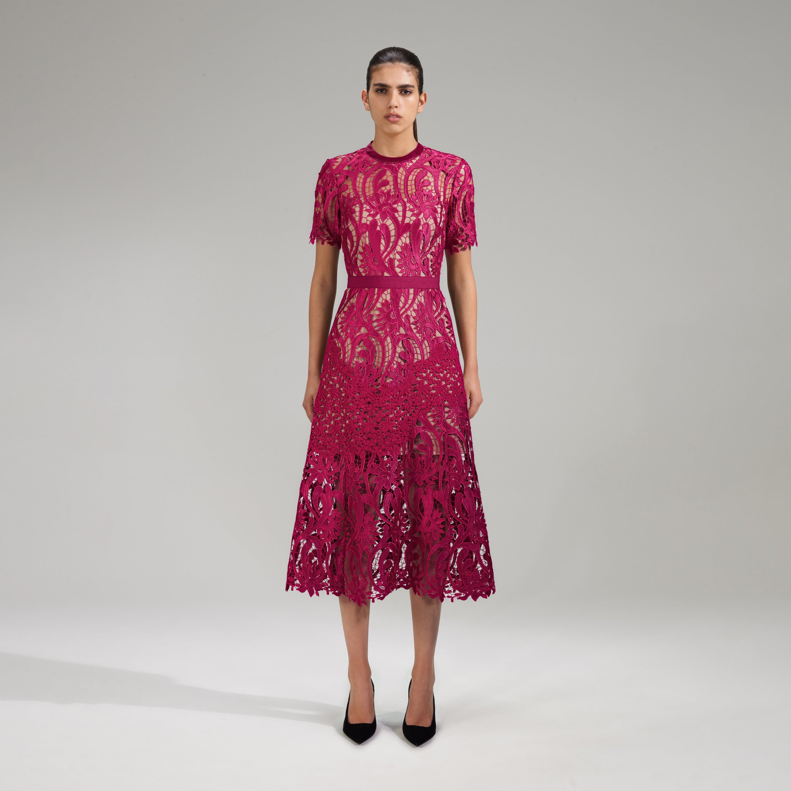 Burgundy Floral Lace Midi Dress