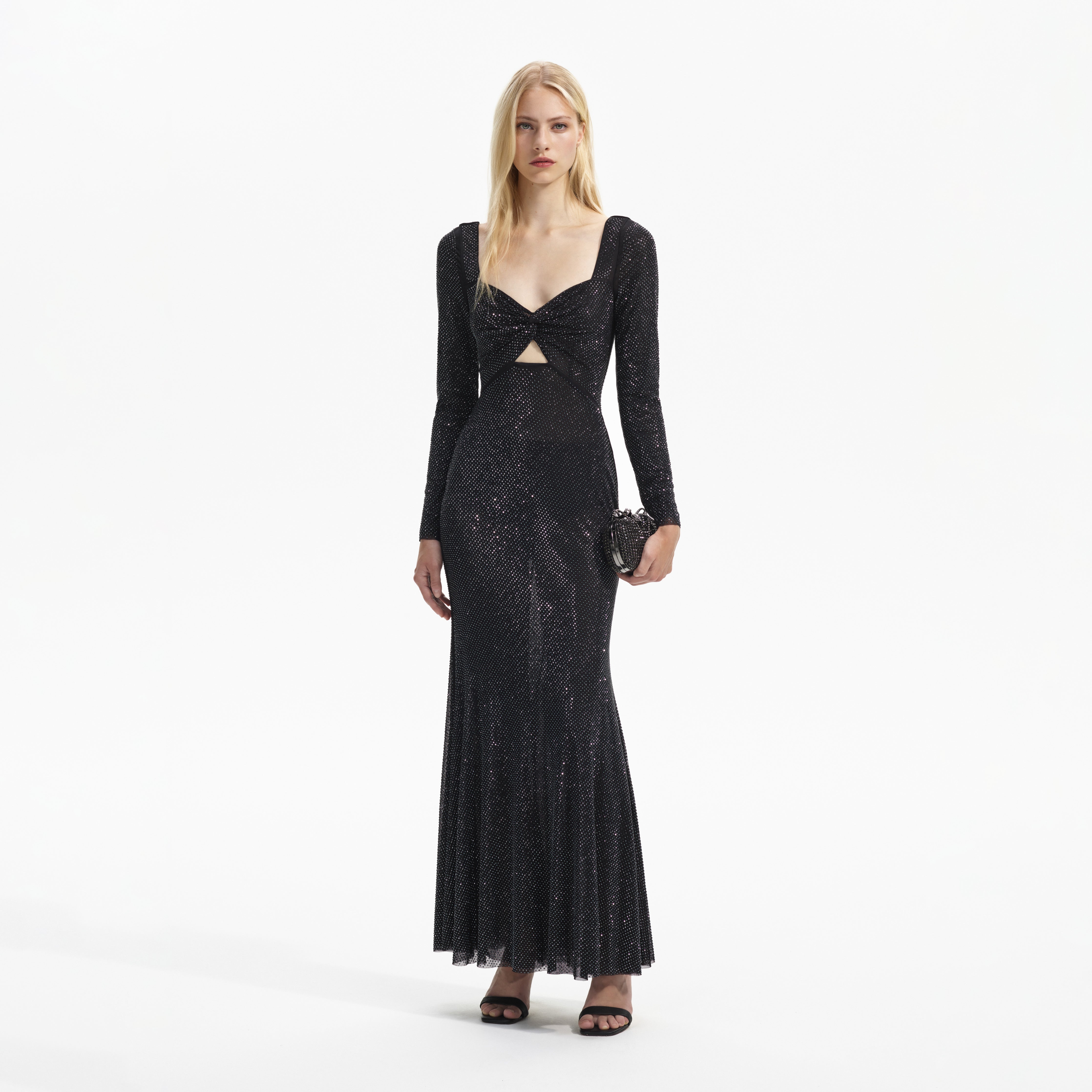 Black Rhinestone Mesh Long Sleeve Midi Dress – self-portrait