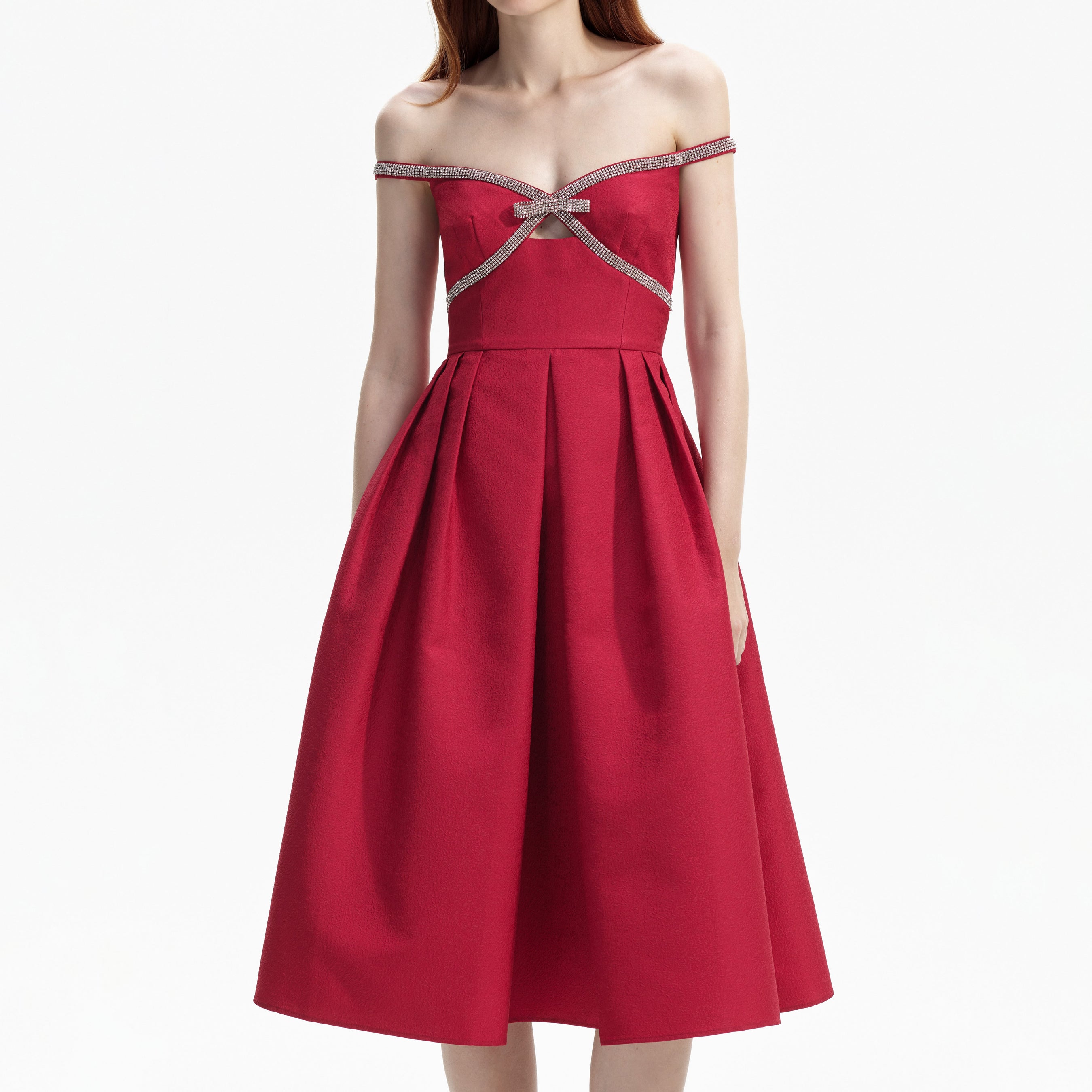 Red Textured Diamante Midi Dress