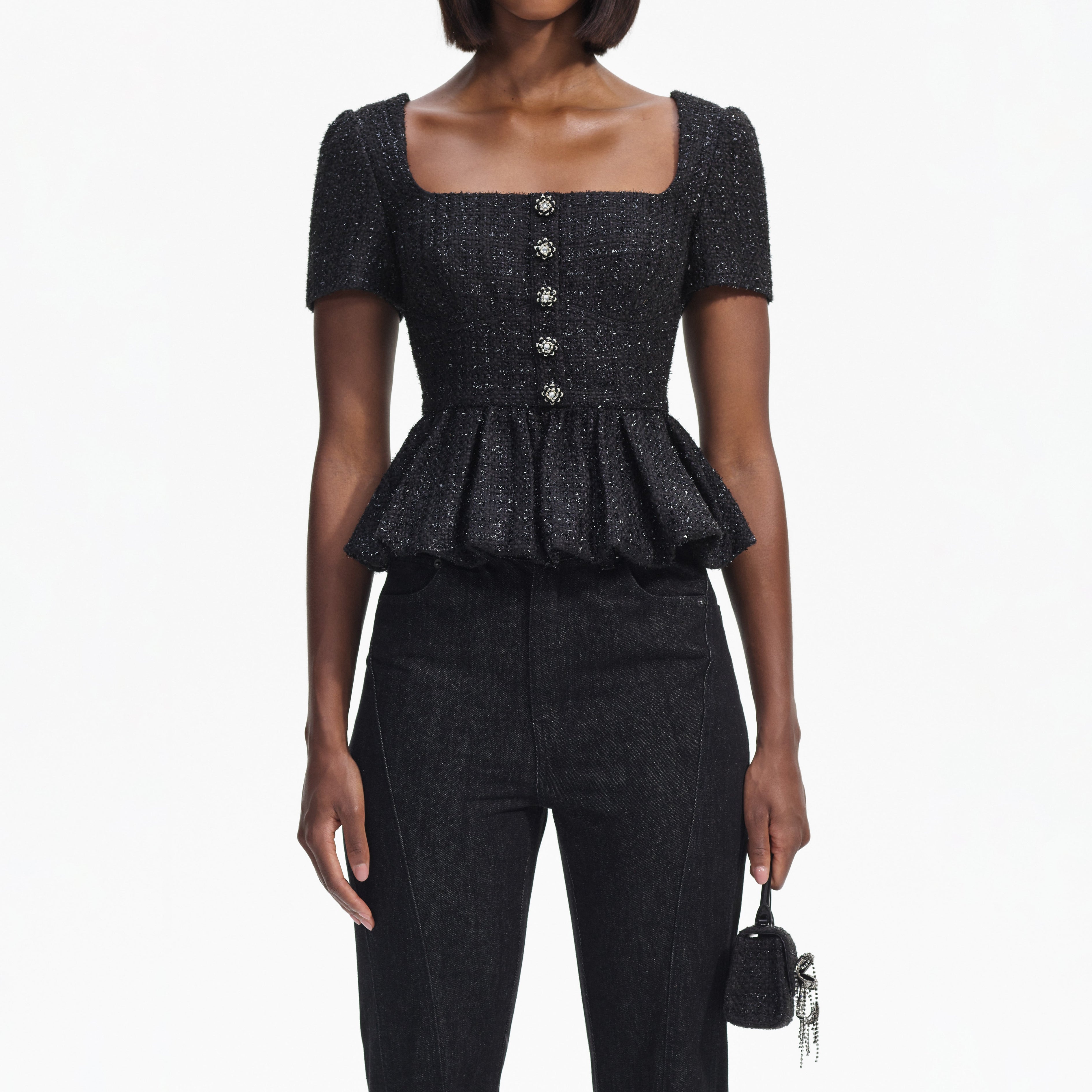 Black Boucle Peplum Top