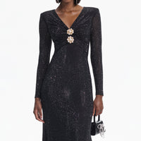 Black Rhinestone Mesh V-Neck Midi Dress