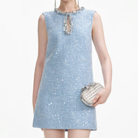 Blue Sequin Boucle Mini Dress